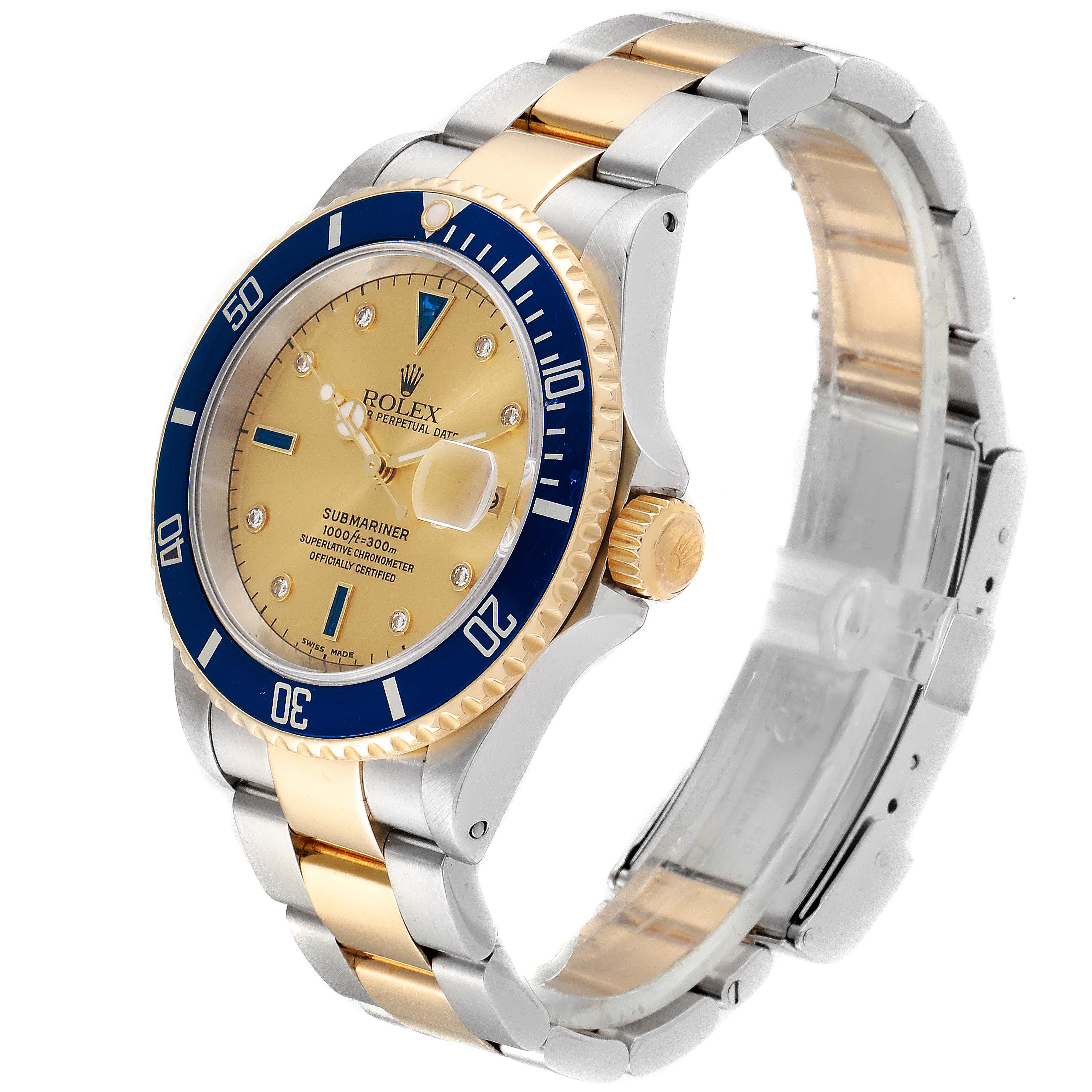 The image shows a Rolex Submariner 16613 Men
s Steel and Gold (two tone) Champagne Dial 16613 Men
s Steel and Gold (two tone) Champagne Dial watch from an angled side view, displaying its dial, bezel, and two-tone bracelet.