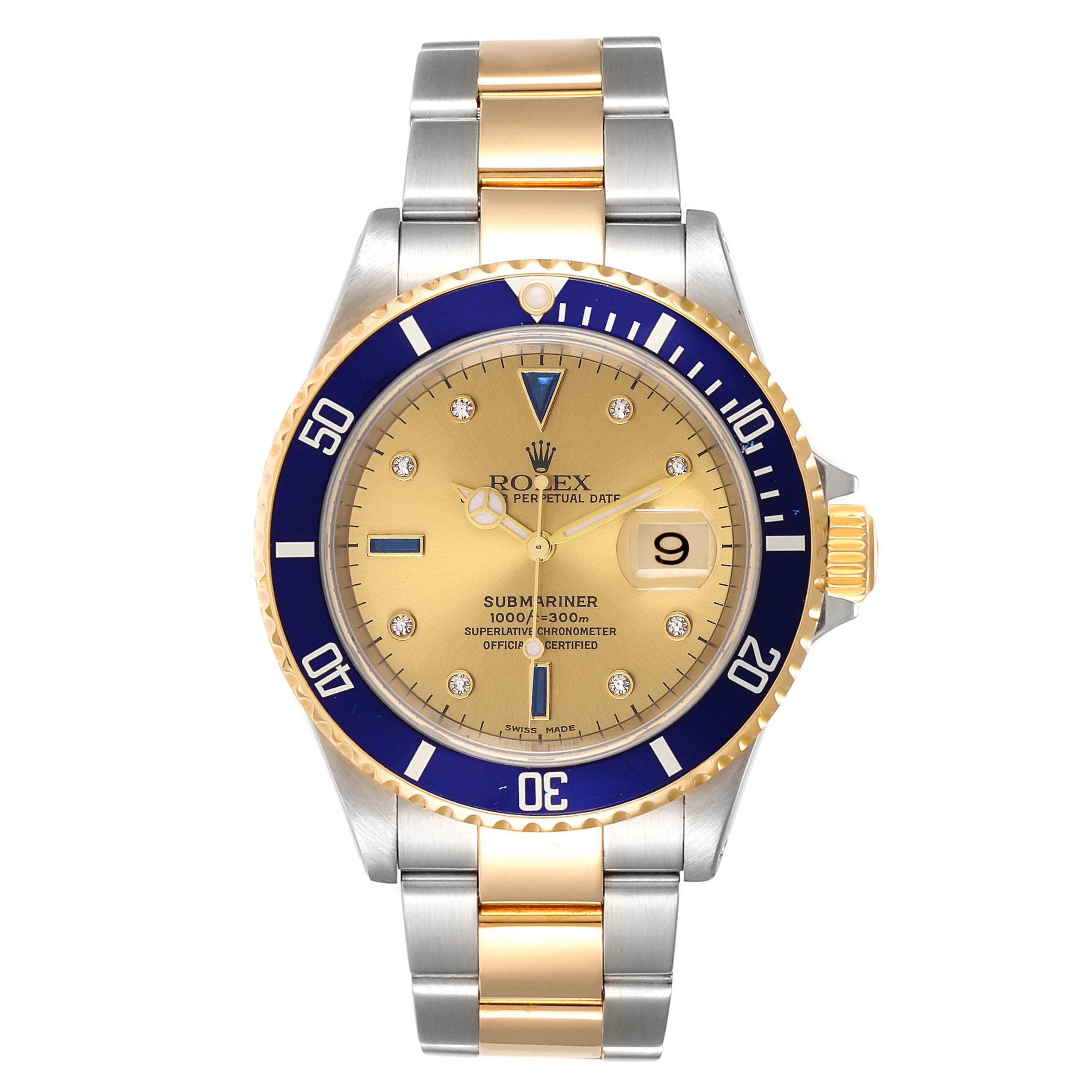 This image shows a front view of a Rolex Submariner 16613 Men
s Steel and Gold (two tone) Champagne Dial 16613 Men
s Steel and Gold (two tone) Champagne Dial watch, highlighting its blue bezel, gold dial, and two-tone metal bracelet.