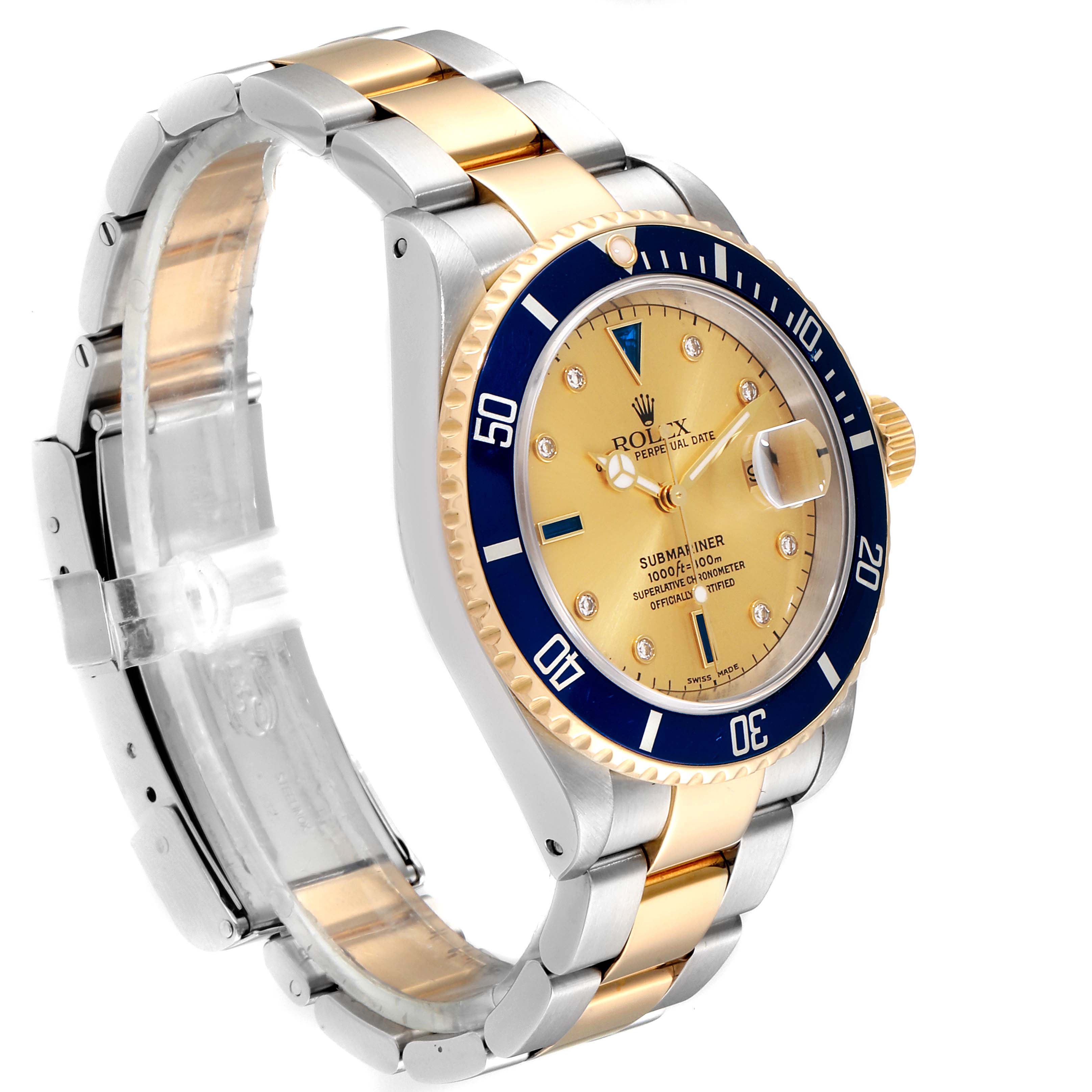 The Rolex Submariner 16613 Men
s Steel and Gold (two tone) Champagne Dial 16613 Men
s Steel and Gold (two tone) Champagne Dial watch is shown at an angle displaying the dial, bezel, crown, and two-tone bracelet.