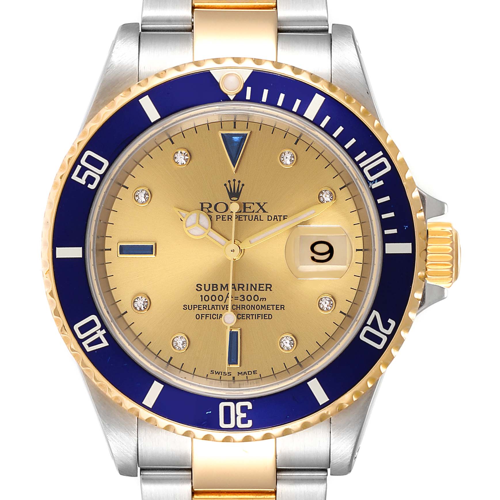 The image shows a front view of a Rolex Submariner 16613 Men
s Steel and Gold (two tone) Champagne Dial 16613 Men
s Steel and Gold (two tone) Champagne Dial with a gold dial, blue bezel, and two-tone gold and silver bracelet.