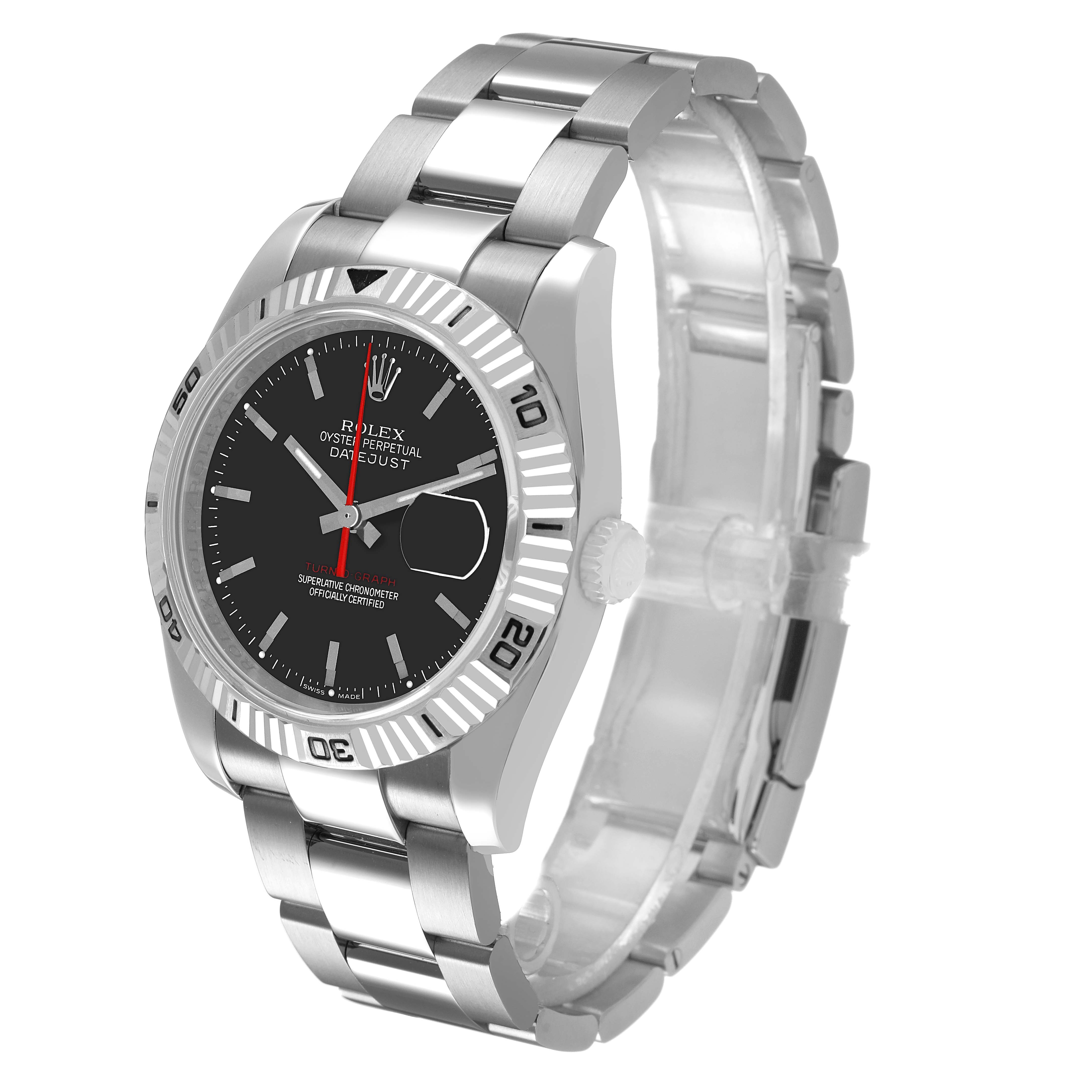 The Rolex Turn-o-Graph 116264 Men's Stainless Steel Black Dial watch is shown at an angle highlighting the face, bezel, crown, and stainless steel bracelet.