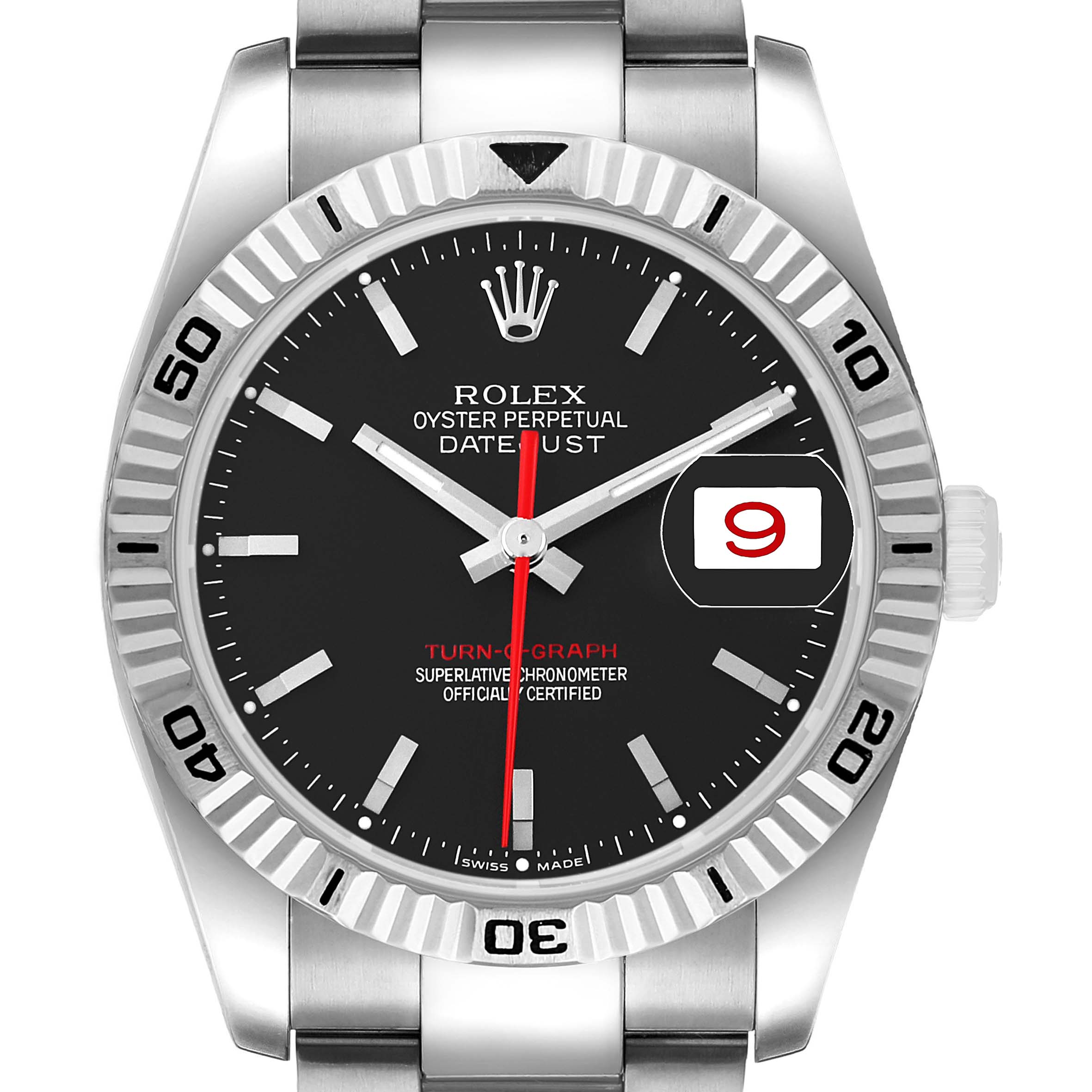 The image shows a frontal view of the Rolex Turn-o-Graph 116264 Men's Stainless Steel Black Dial watch, highlighting the bezel, dial, and date window.