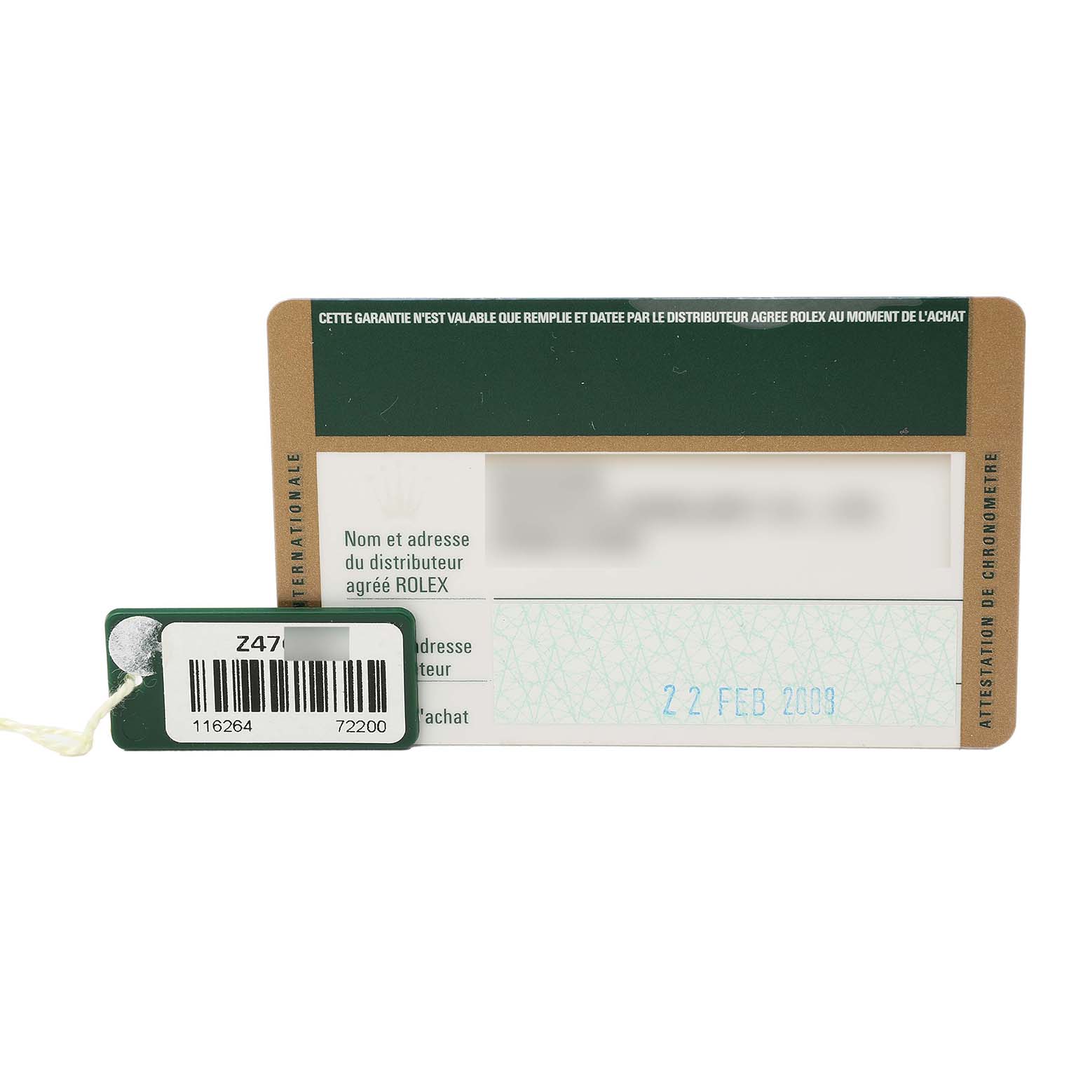 The image shows a warranty card and a tag for the Rolex Turn-o-Graph 116264 Men's Stainless Steel Black Dial watch model.