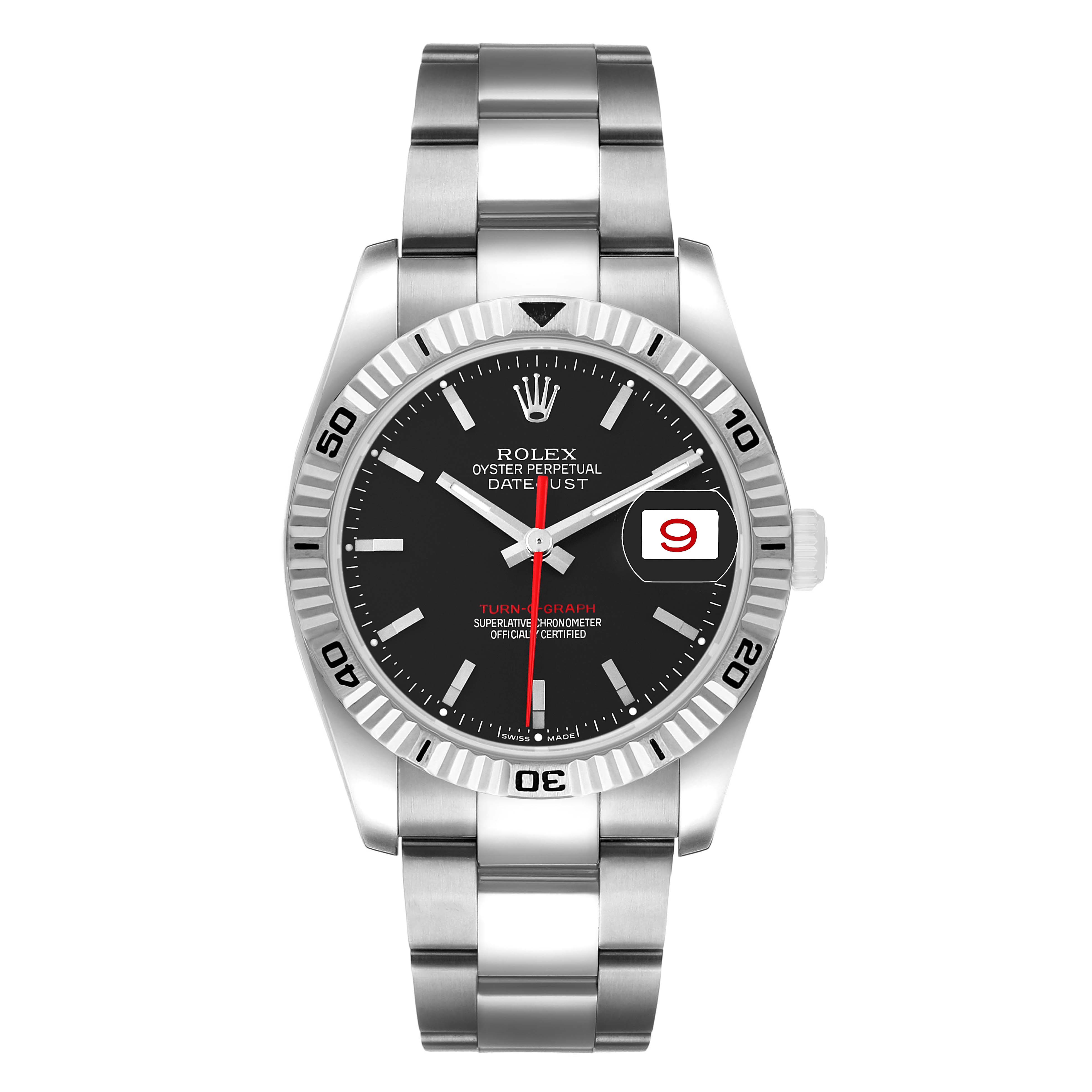 The Rolex Turn-o-Graph 116264 Men's Stainless Steel Black Dial watch is shown from the front, displaying its bezel, dial, and bracelet.