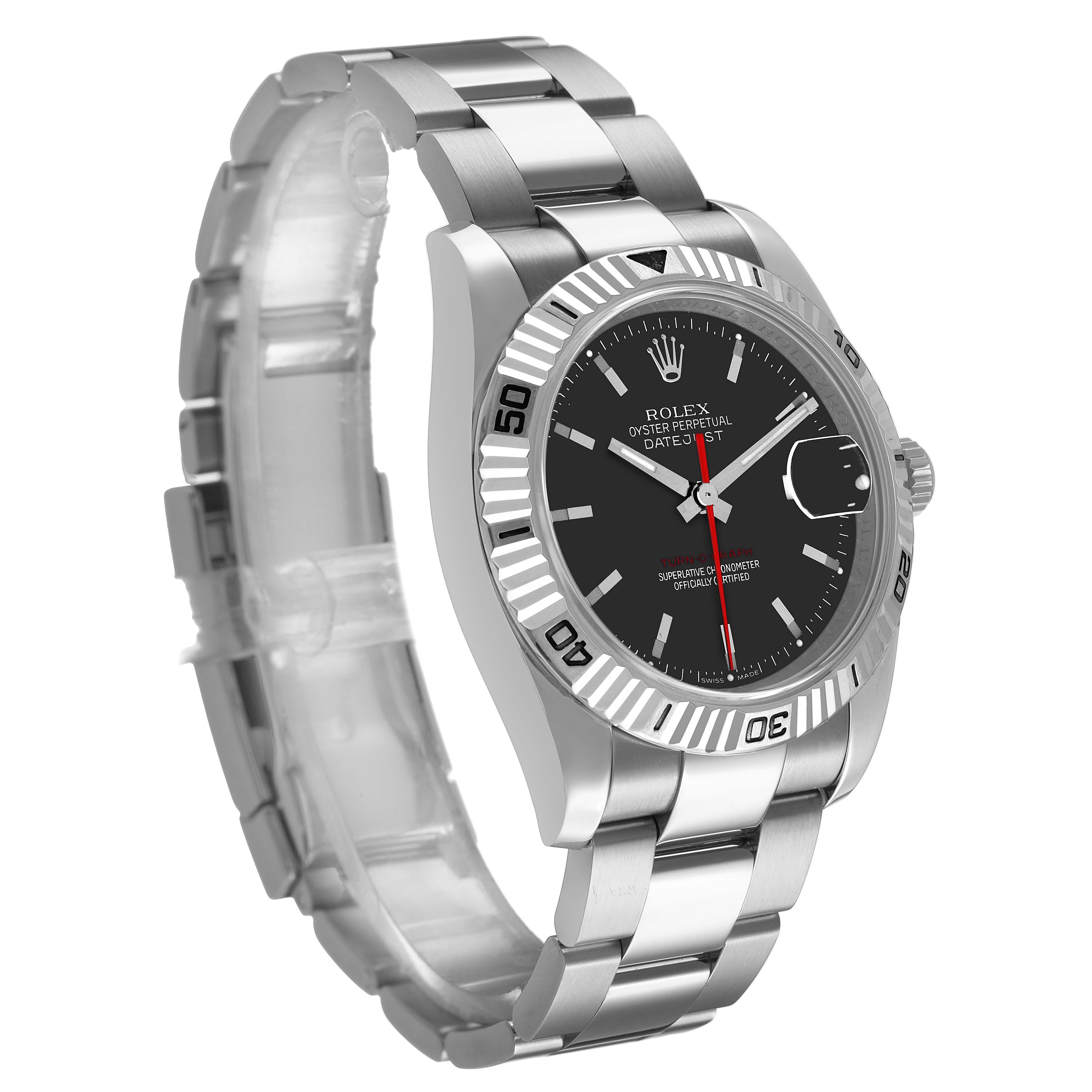 The Rolex Turn-o-Graph 116264 Men's Stainless Steel Black Dial watch is shown at a front angle highlighting the dial, bezel, and bracelet.