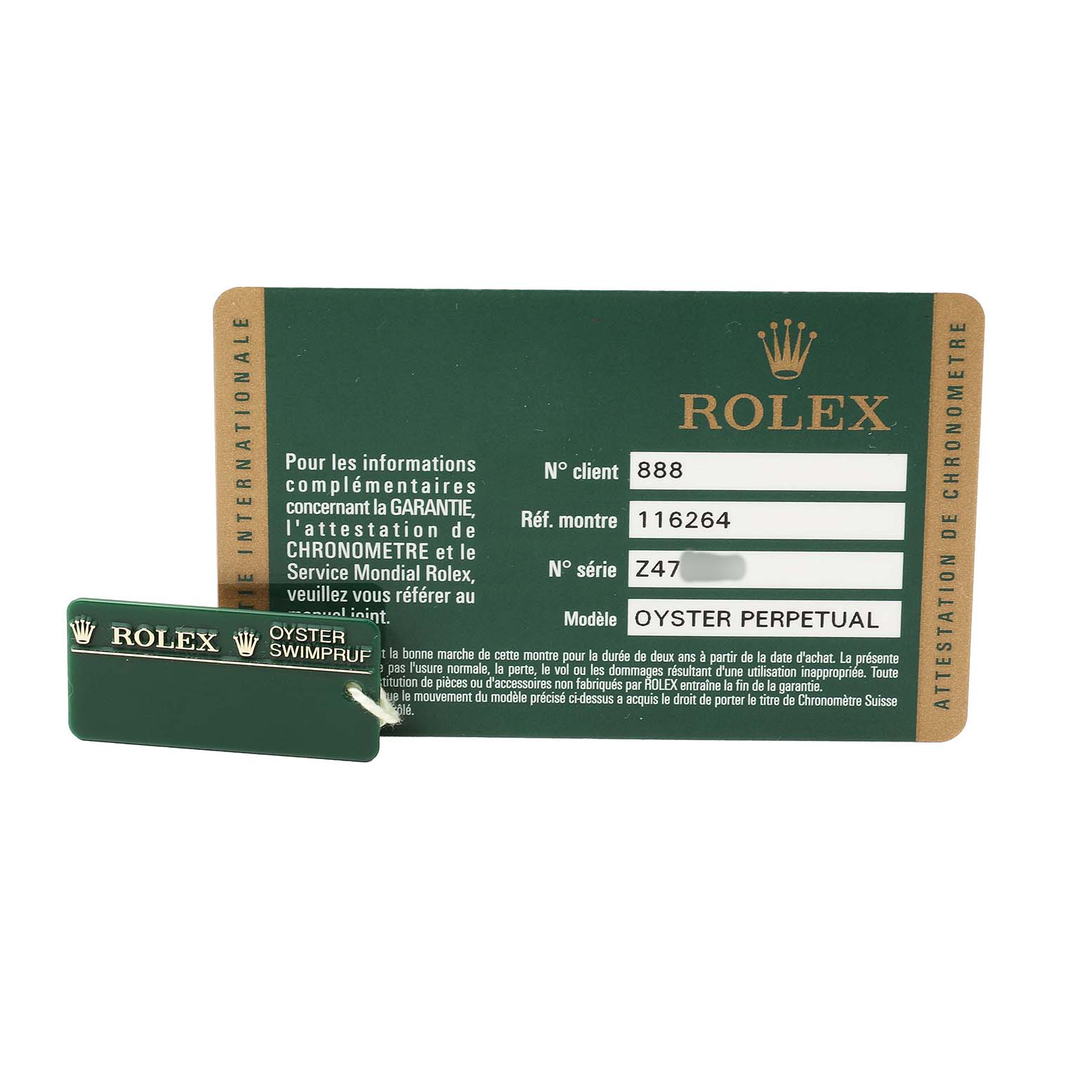 The image shows an identification card and tag for a Rolex Turn-o-Graph 116264 Men's Stainless Steel Black Dial watch, displaying model details and branding.
