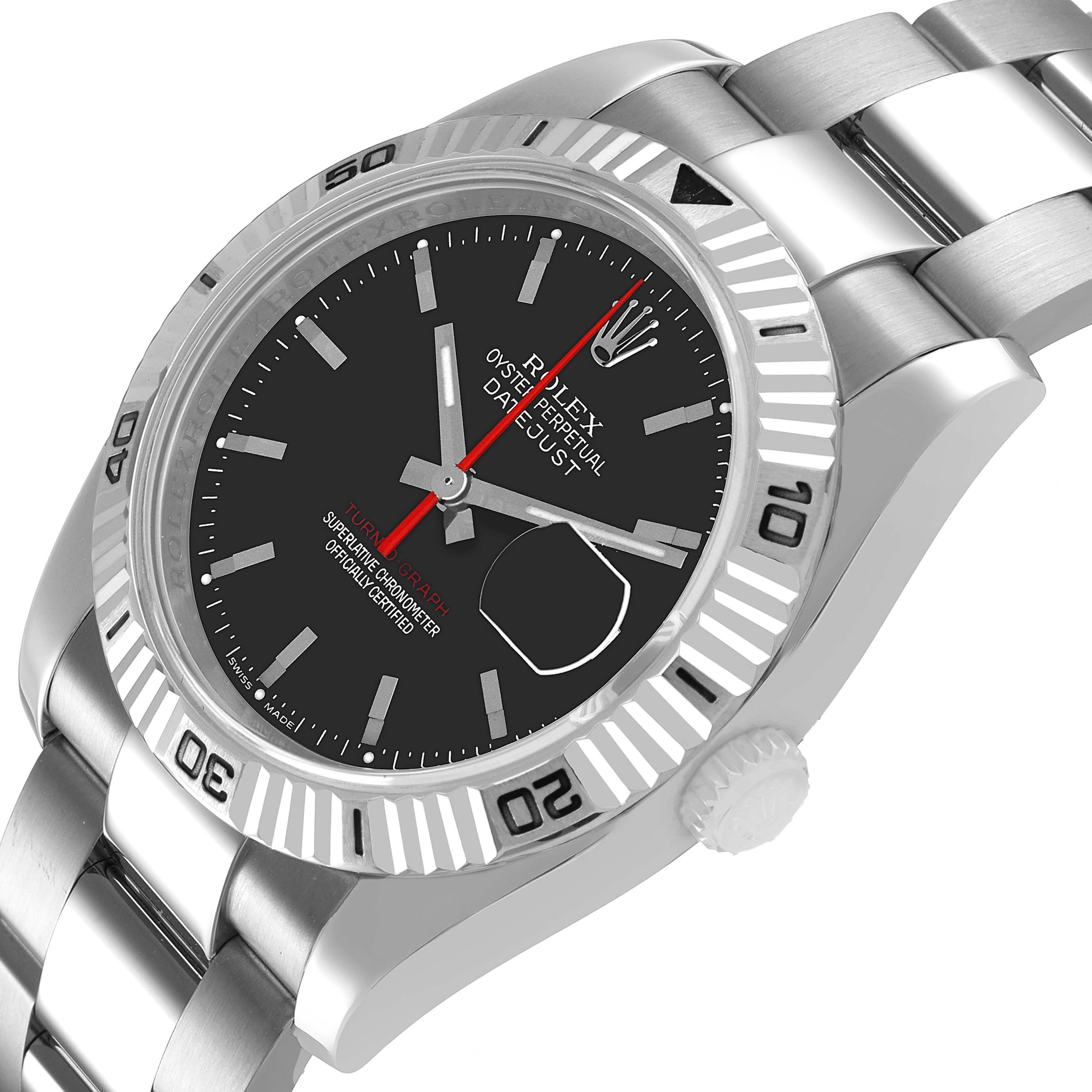 The image shows a Rolex Turn-o-Graph 116264 Men's Stainless Steel Black Dial watch at a tilted angle, highlighting the bezel, dial, bracelet, and crown.