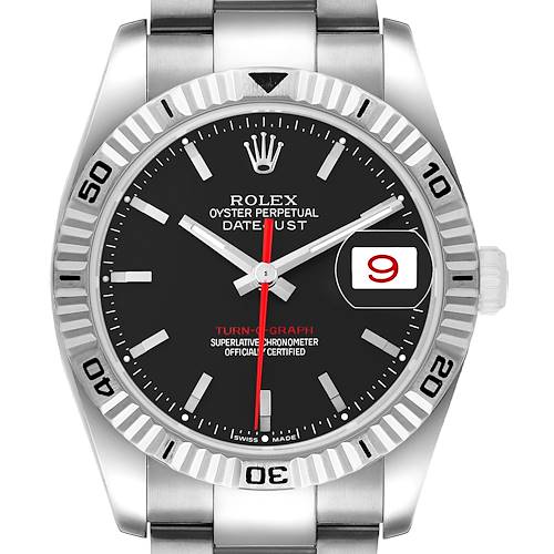 The Rolex Turn-o-Graph 116264 Men's Stainless Steel Black Dial watch is shown from the front, highlighting its dial, rotating bezel, and bracelet.