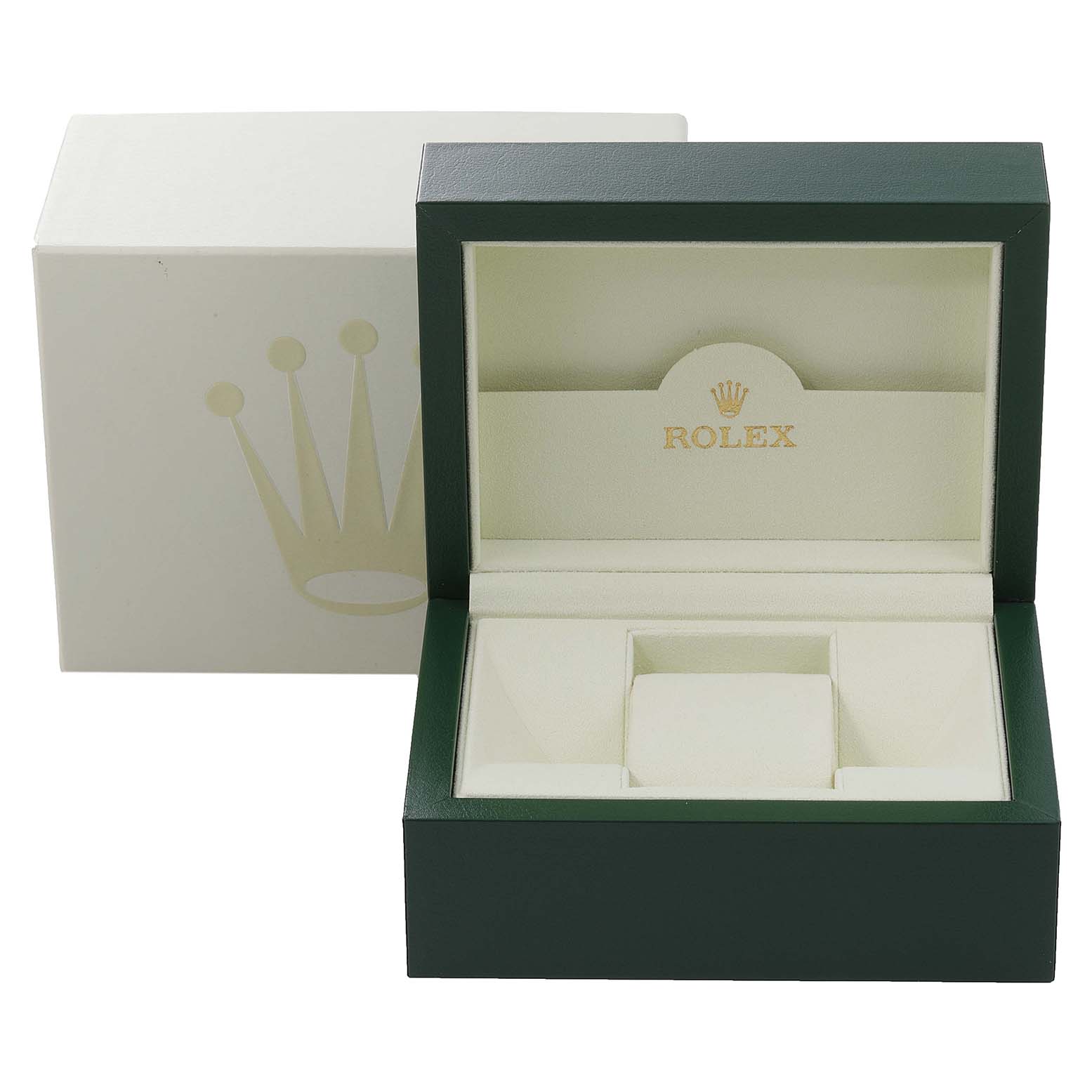 The image shows a green and beige Rolex watch box for the Yacht-Master model, along with its outer packaging.