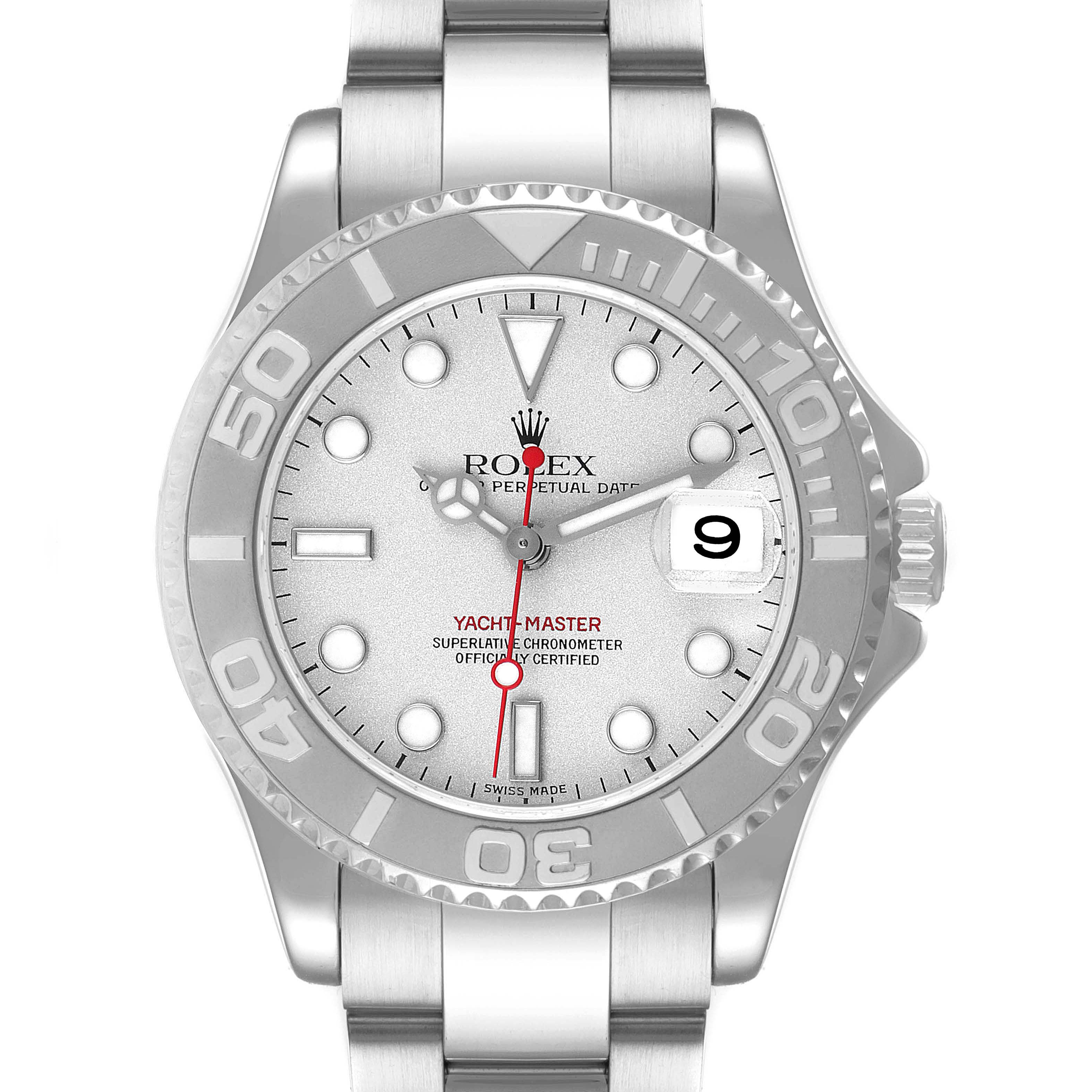 The Rolex Yacht-Master 168622 Men's Stainless Steel Silver Dial 168622 Men's Stainless Steel Silver Dial watch is shown from a top-down angle, highlighting the dial, bezel, and bracelet.