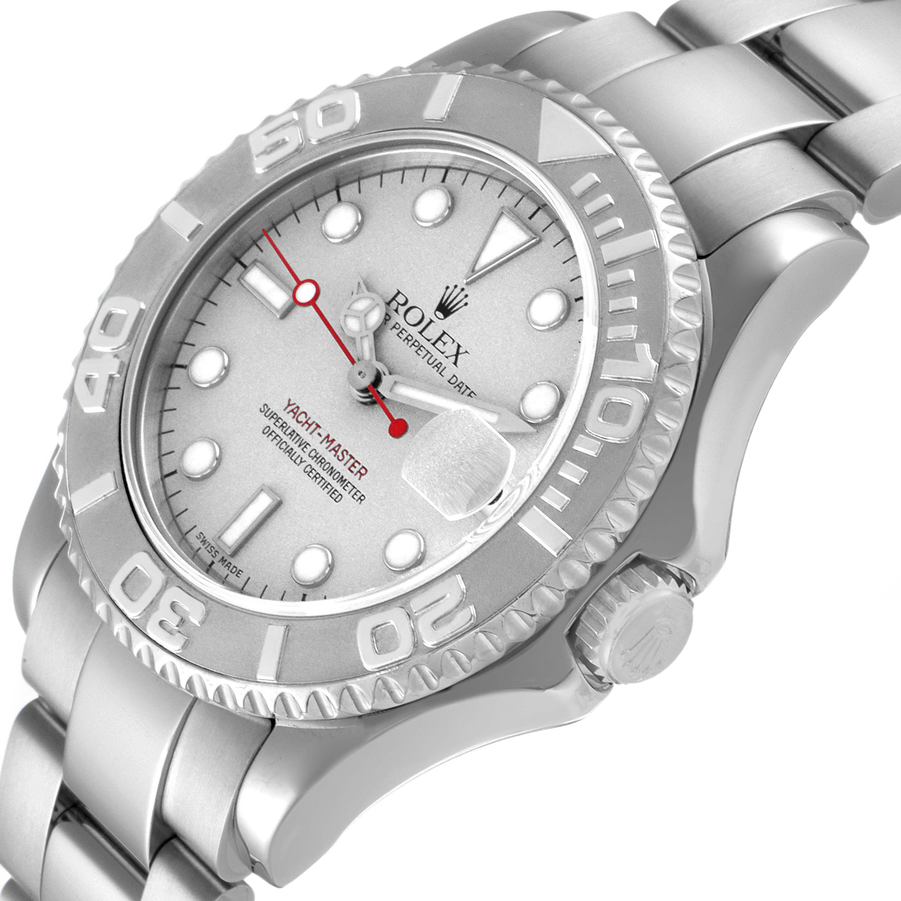 The Rolex Yacht-Master 168622 Men's Stainless Steel Silver Dial 168622 Men's Stainless Steel Silver Dial watch is shown at a slight angle, highlighting the dial, bezel, crown, and part of the bracelet.
