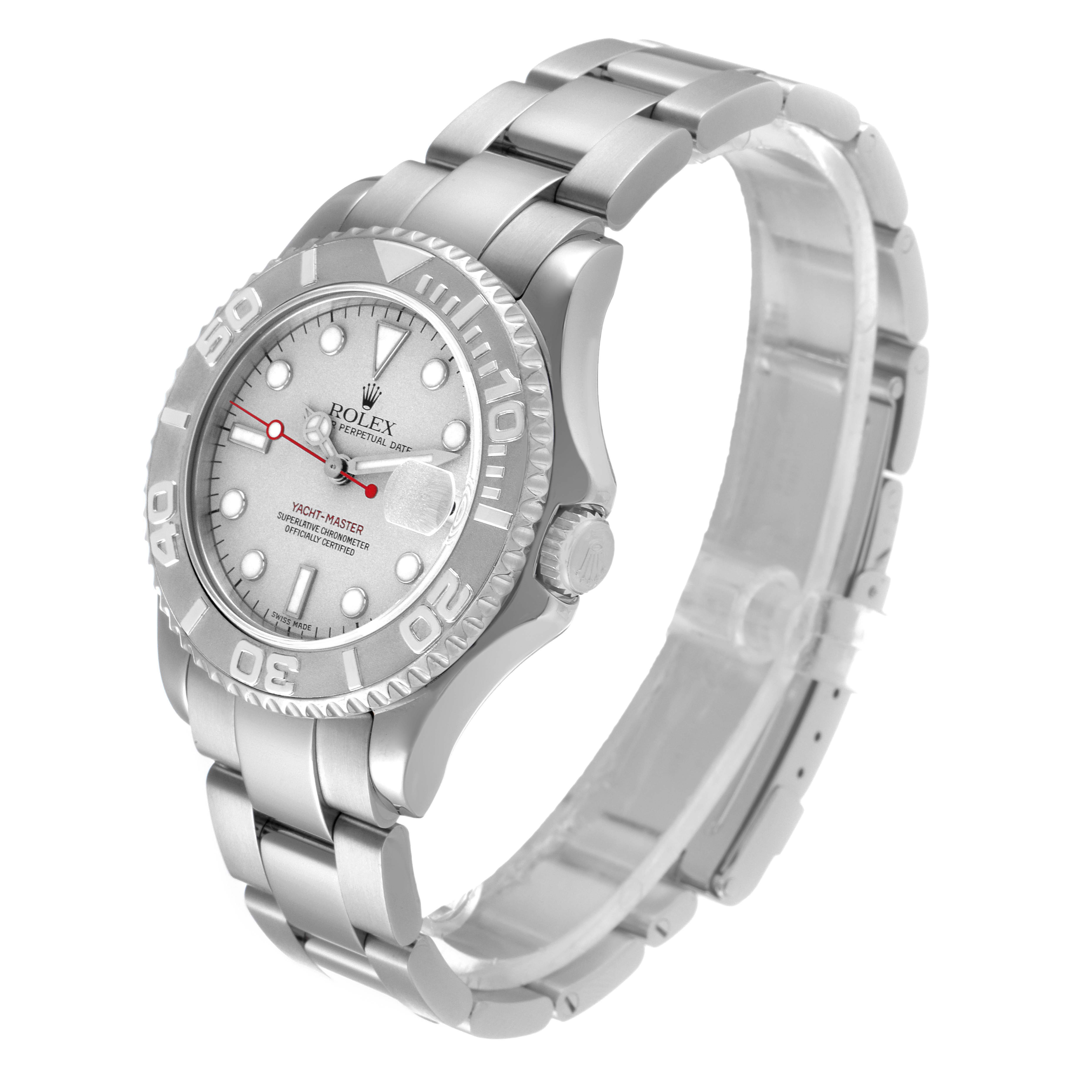 The Rolex Yacht-Master 168622 Men's Stainless Steel Silver Dial 168622 Men's Stainless Steel Silver Dial watch is shown at a slight angle, highlighting the dial, bezel, crown, and bracelet.