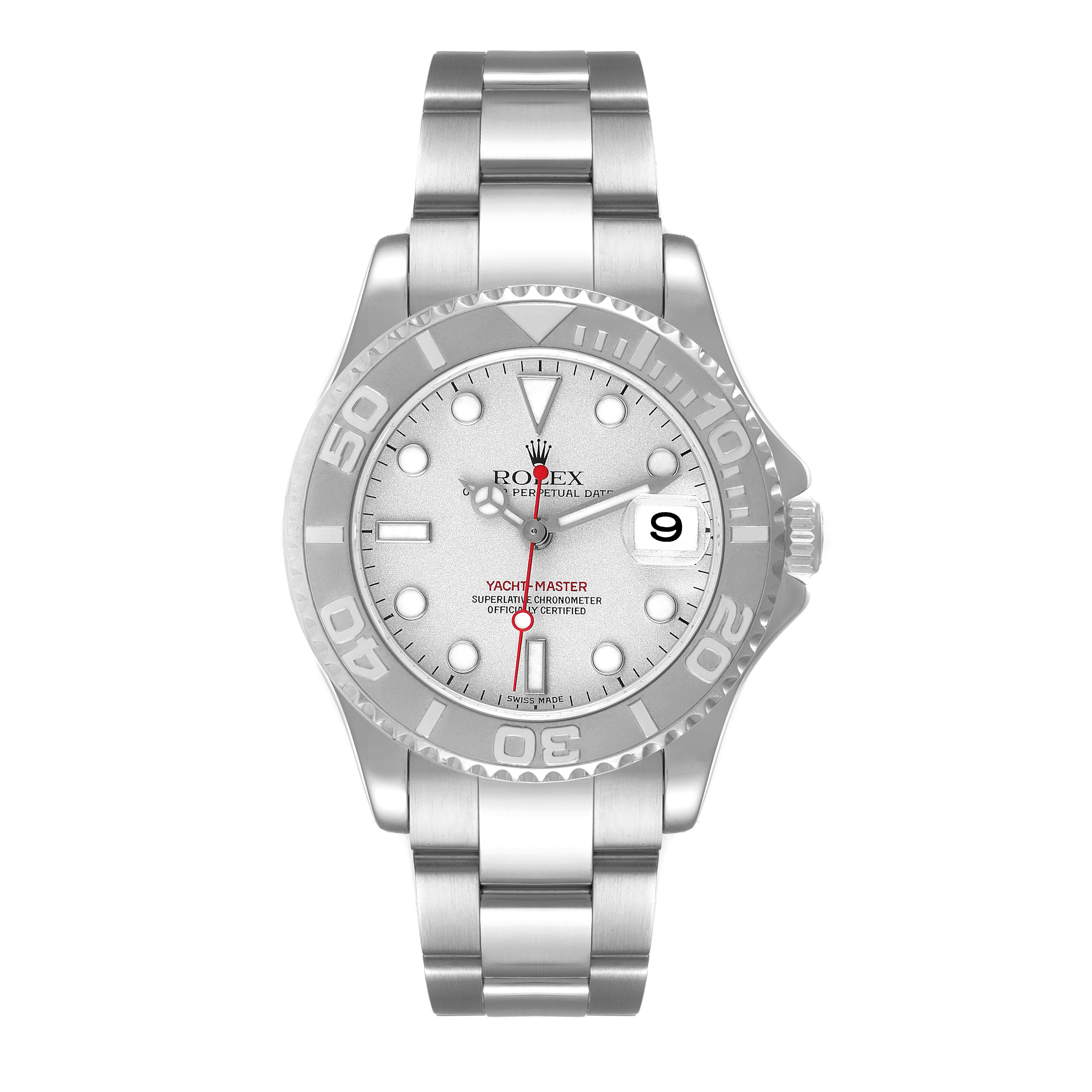 The image shows a frontal view of the Rolex Yacht-Master 168622 Men's Stainless Steel Silver Dial 168622 Men's Stainless Steel Silver Dial watch, displaying the dial, bezel, case, bracelet, and crown.