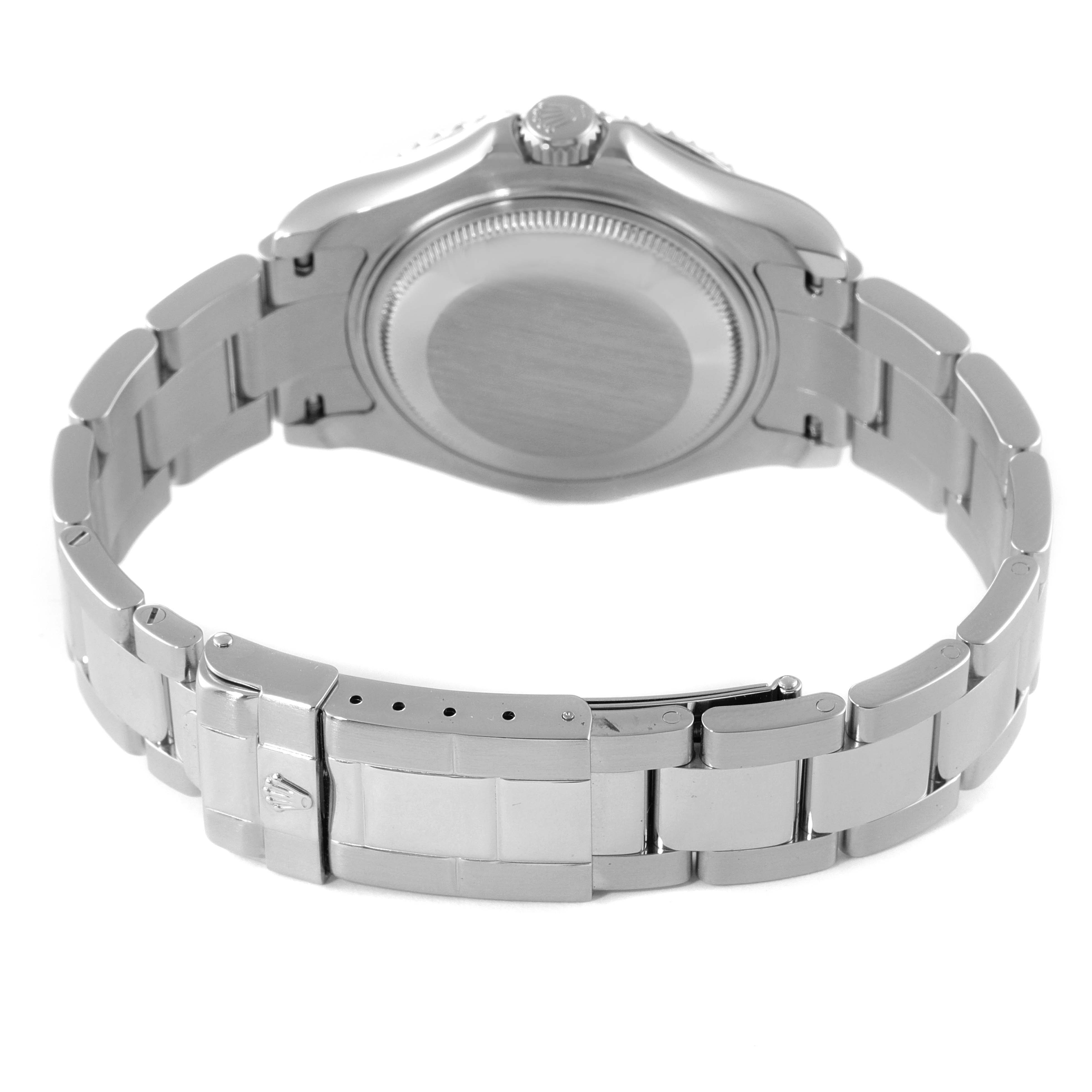 This image shows the back of the Rolex Yacht-Master 168622 Men's Stainless Steel Silver Dial 168622 Men's Stainless Steel Silver Dial watch, including the case back, bracelet, and clasp.