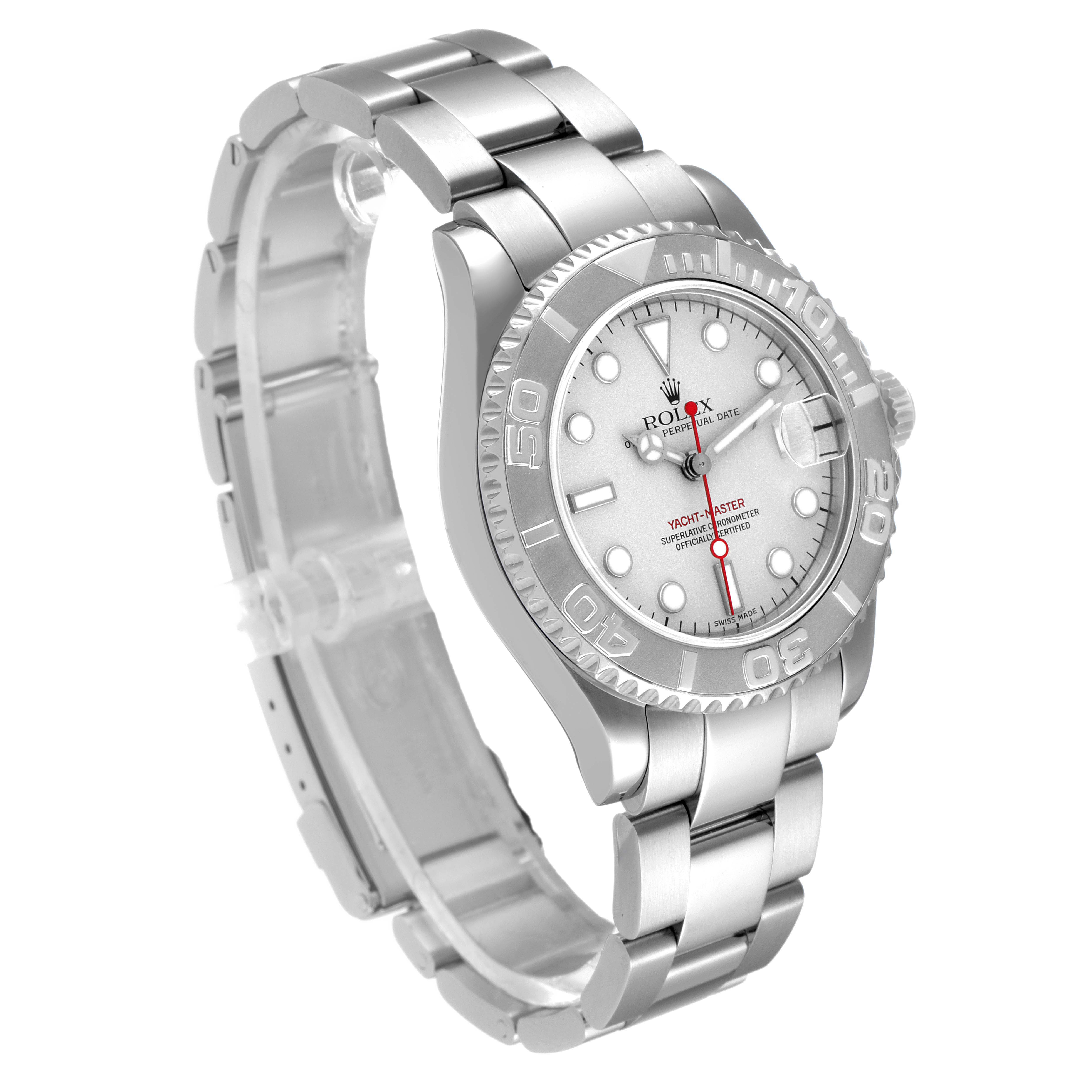 The image shows a Rolex Yacht-Master 168622 Men's Stainless Steel Silver Dial 168622 Men's Stainless Steel Silver Dial watch angled to display the face, bezel, and part of the band.