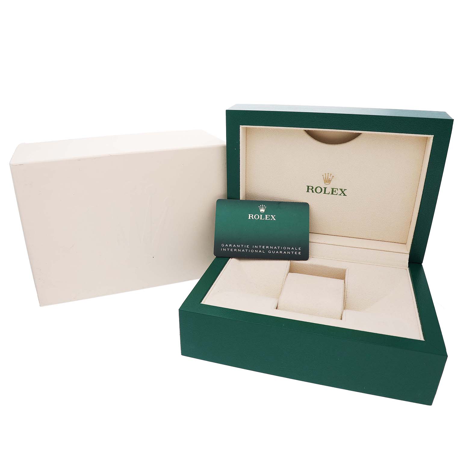 The image shows a Rolex Yacht-Master 268655 Men's Rose Gold Black Dial box with an open green case and a guarantee card, viewed from the front.