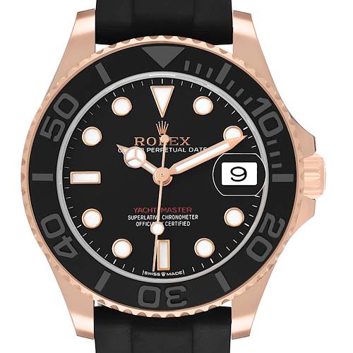 The Rolex Yacht-Master 268655 Men's Rose Gold Black Dial watch is shown from the front, highlighting the dial, bezel, and crown.