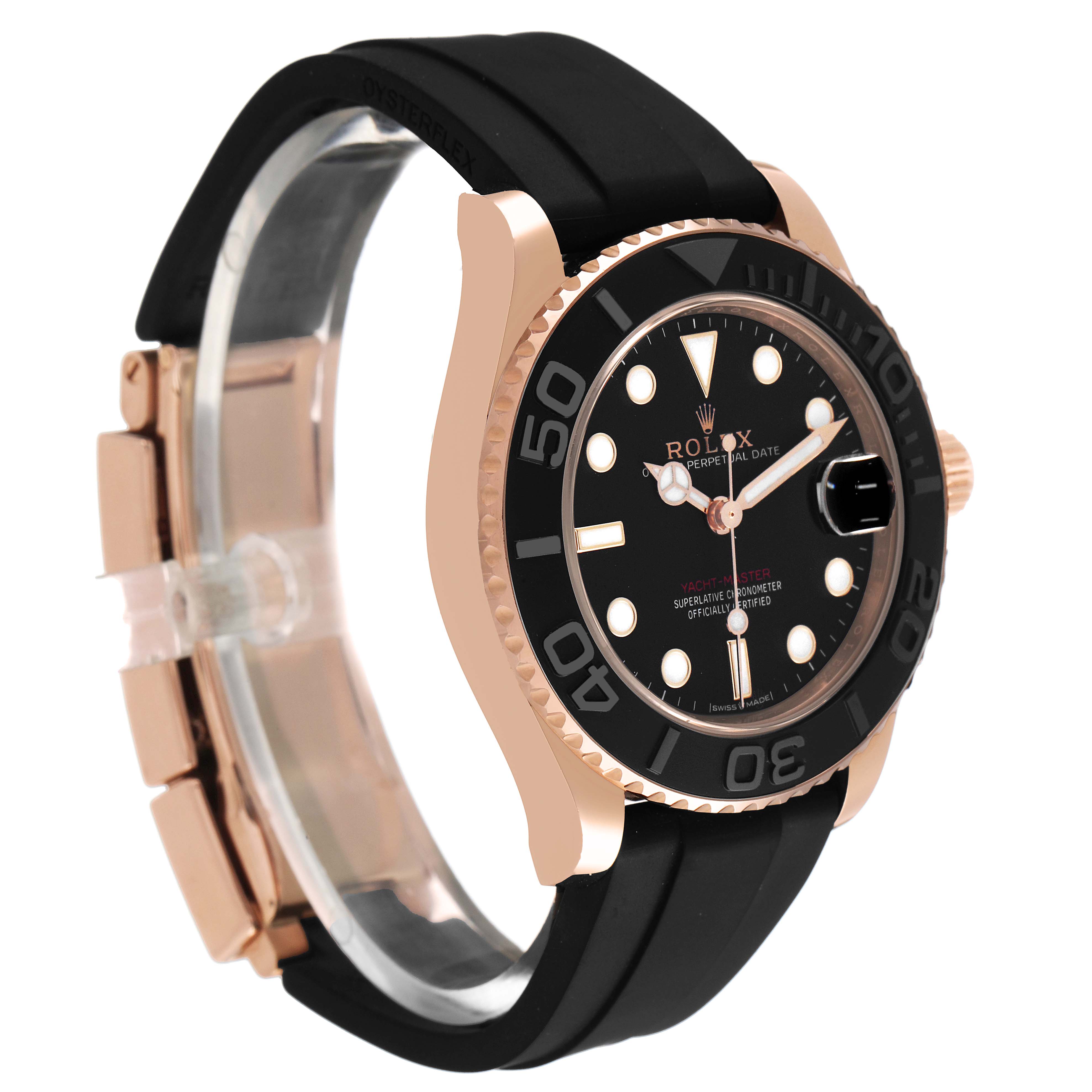 The Rolex Yacht-Master 268655 Men's Rose Gold Black Dial watch is shown at an angle highlighting the face, bezel, crown, and rubber strap.