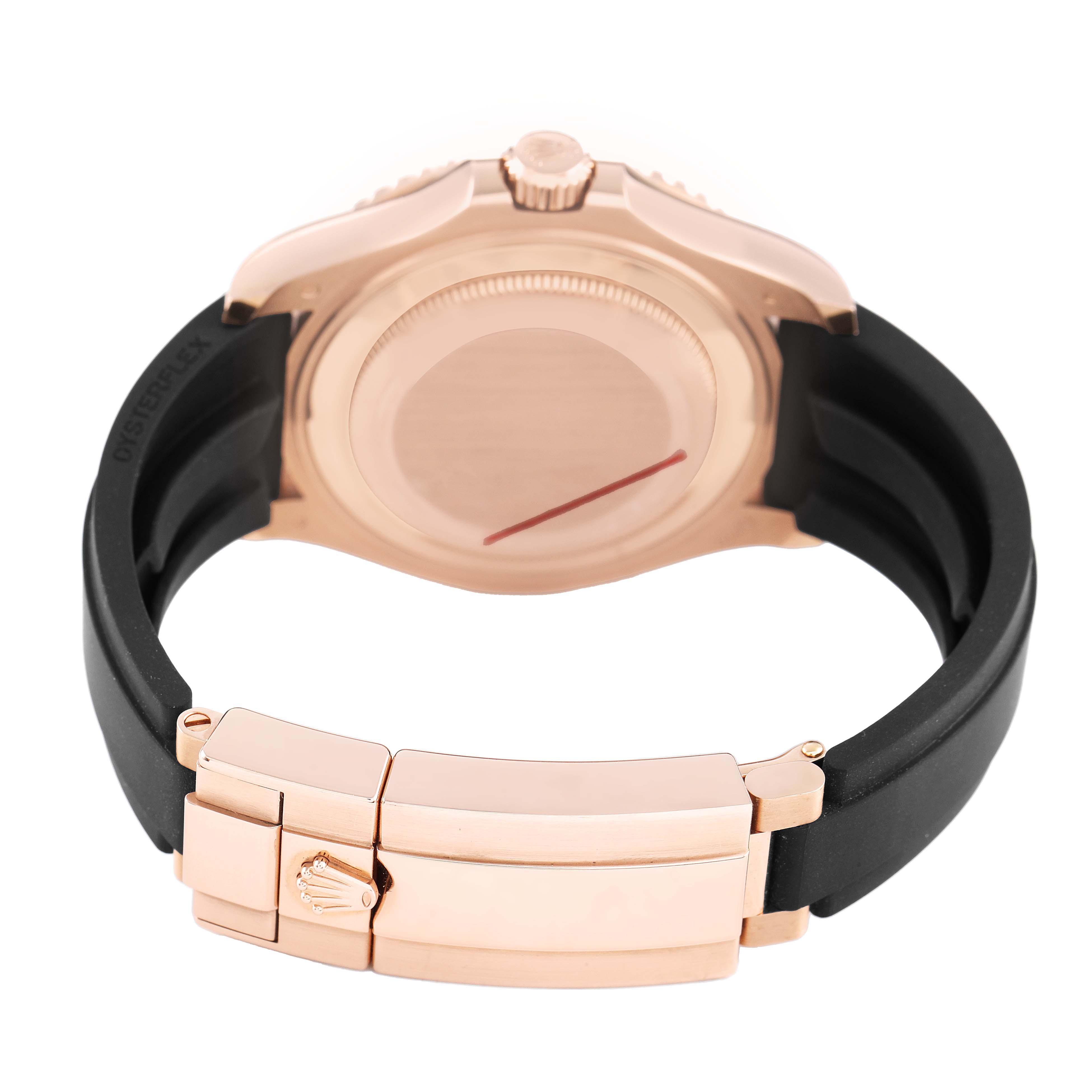 The image shows the back of the Rolex Yacht-Master 268655 Men's Rose Gold Black Dial watch, highlighting the clasp and case back.