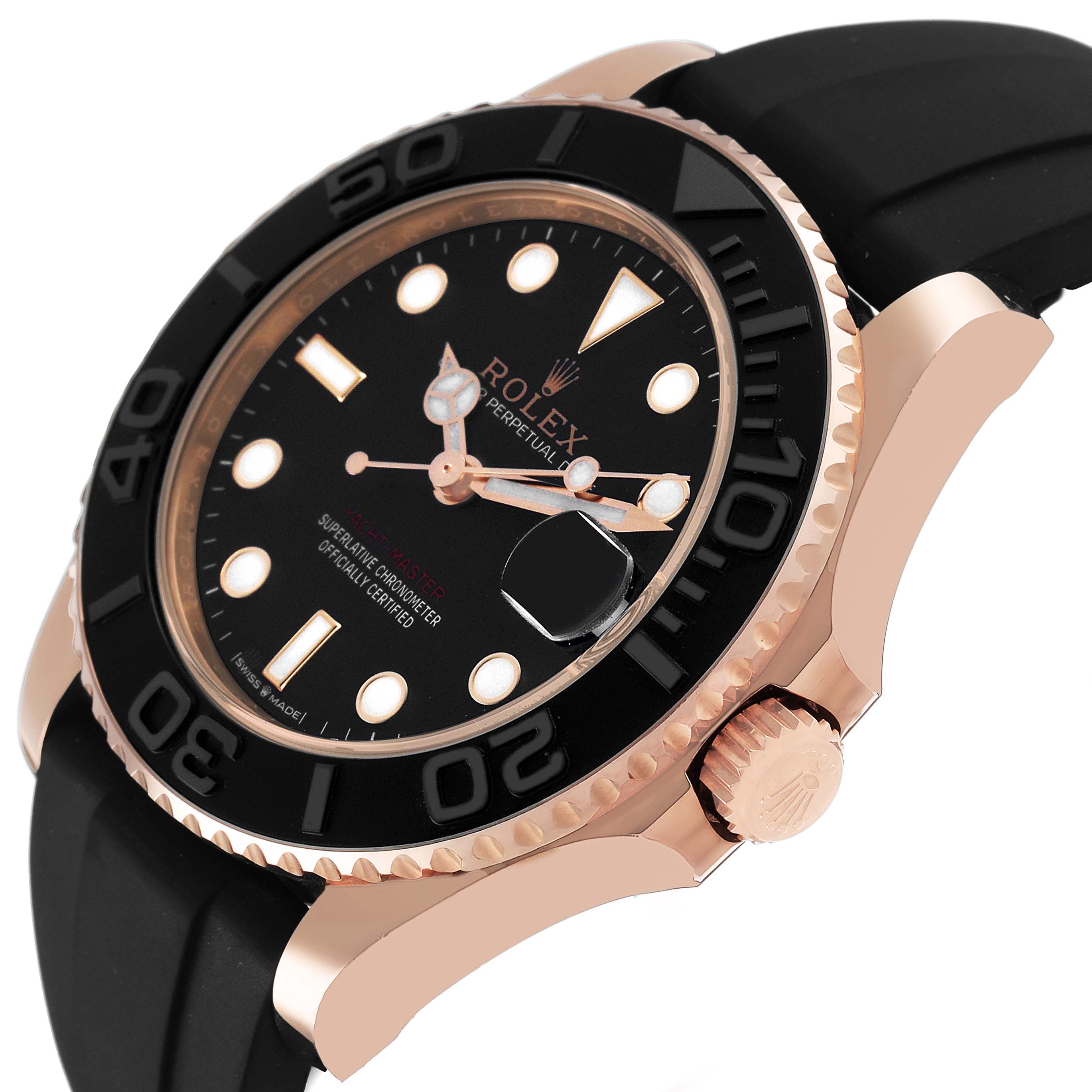 The Rolex Yacht-Master 268655 Men's Rose Gold Black Dial watch is shown at an angle highlighting the bezel, dial, and crown with a black strap.