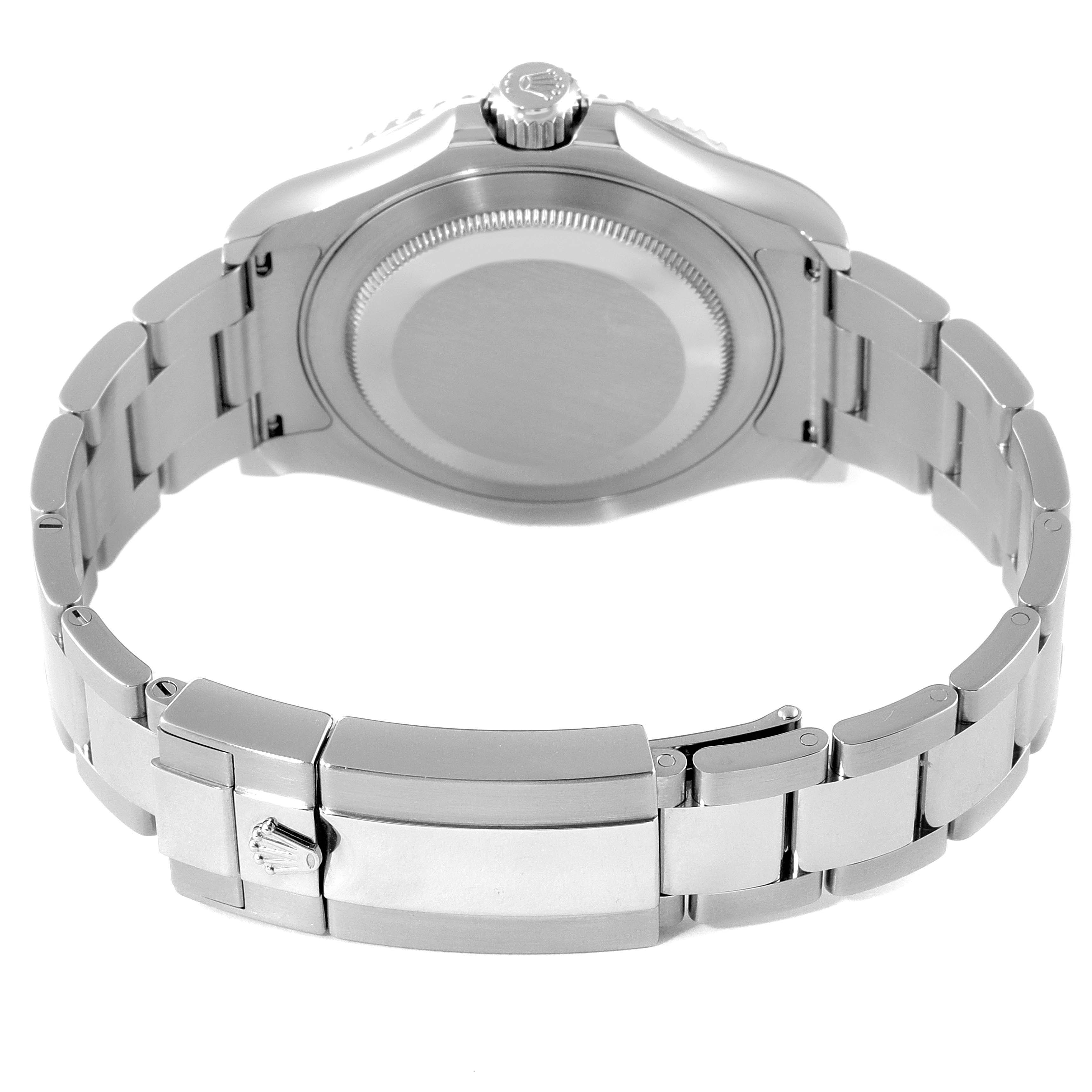 This image shows the back view of a Rolex Yacht-Master 116622 Men's Stainless Steel Blue Dial 116622 Men's Stainless Steel Blue Dial watch, highlighting its clasp, bracelet, and case back.