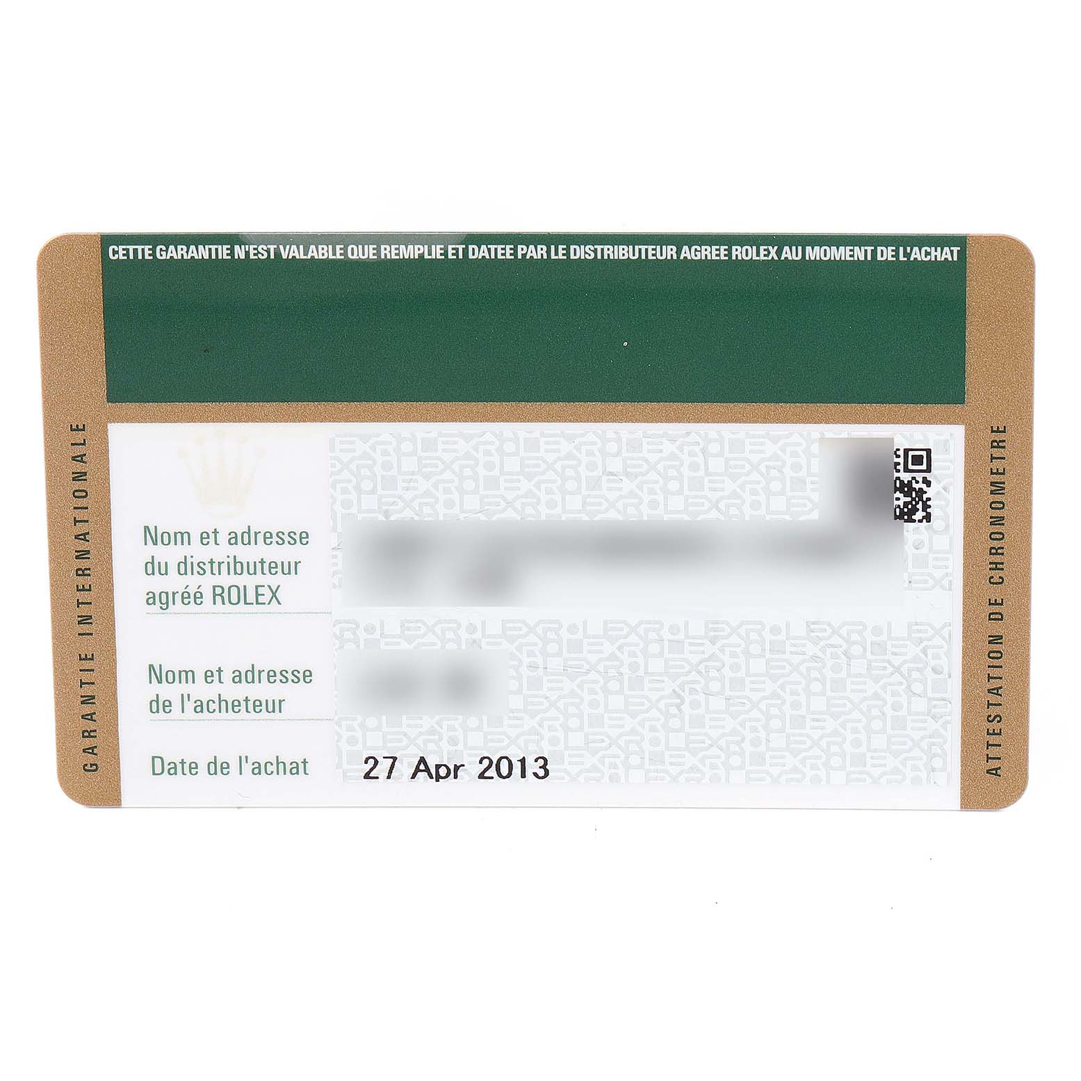 This is a warranty card for a Rolex Yacht-Master 116622 Men's Stainless Steel Blue Dial 116622 Men's Stainless Steel Blue Dial watch showing purchase details and authenticity information.