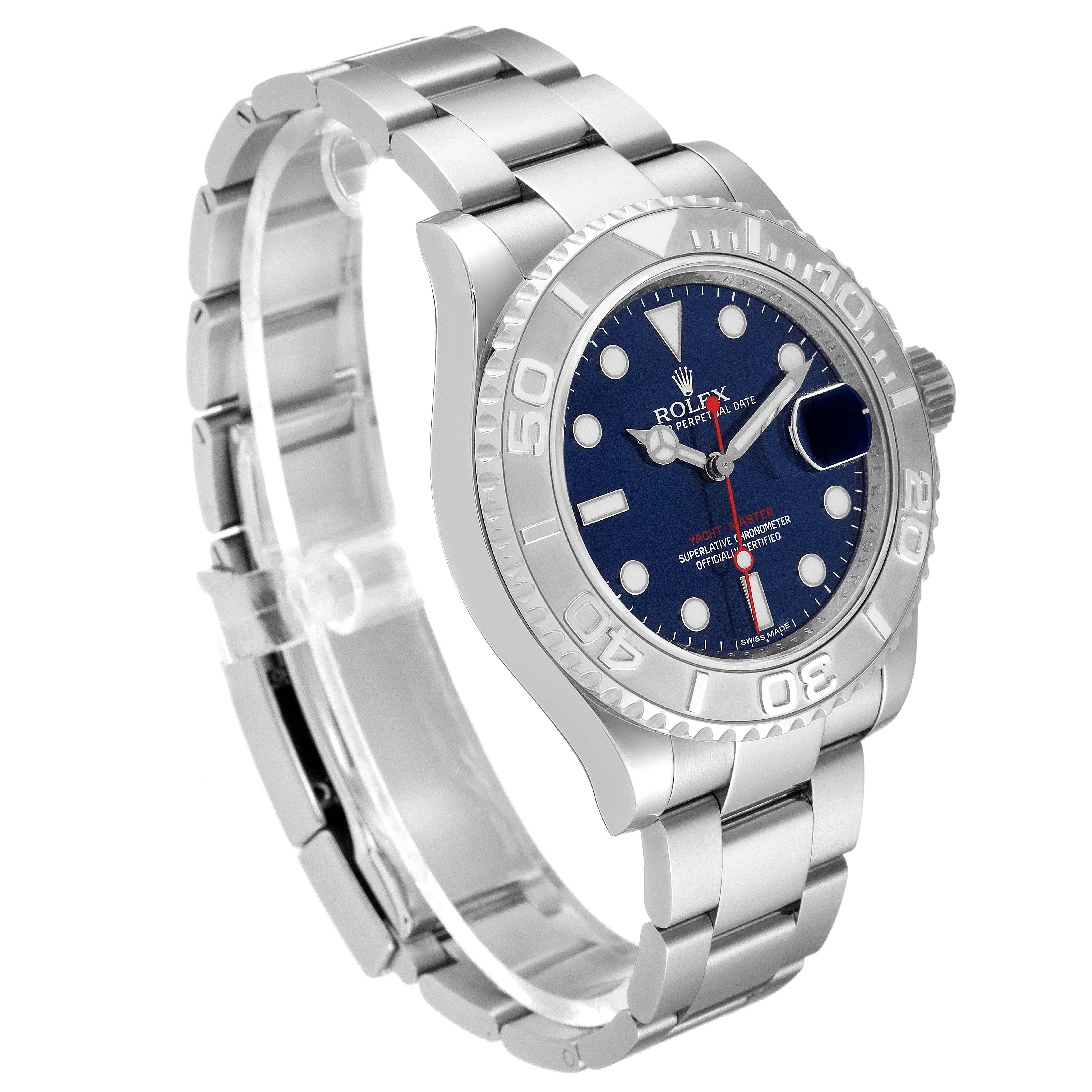 The image shows a side angle of a Rolex Yacht-Master 116622 Men's Stainless Steel Blue Dial 116622 Men's Stainless Steel Blue Dial watch, highlighting its bracelet, case, and bezel.