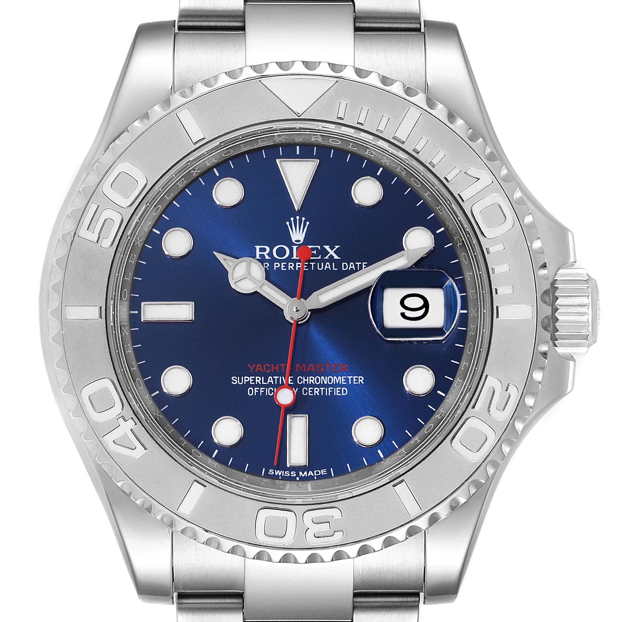 This is a front view of a Rolex Yacht-Master 116622 Men's Stainless Steel Blue Dial 116622 Men's Stainless Steel Blue Dial watch, showing the face, bezel, and part of the bracelet.