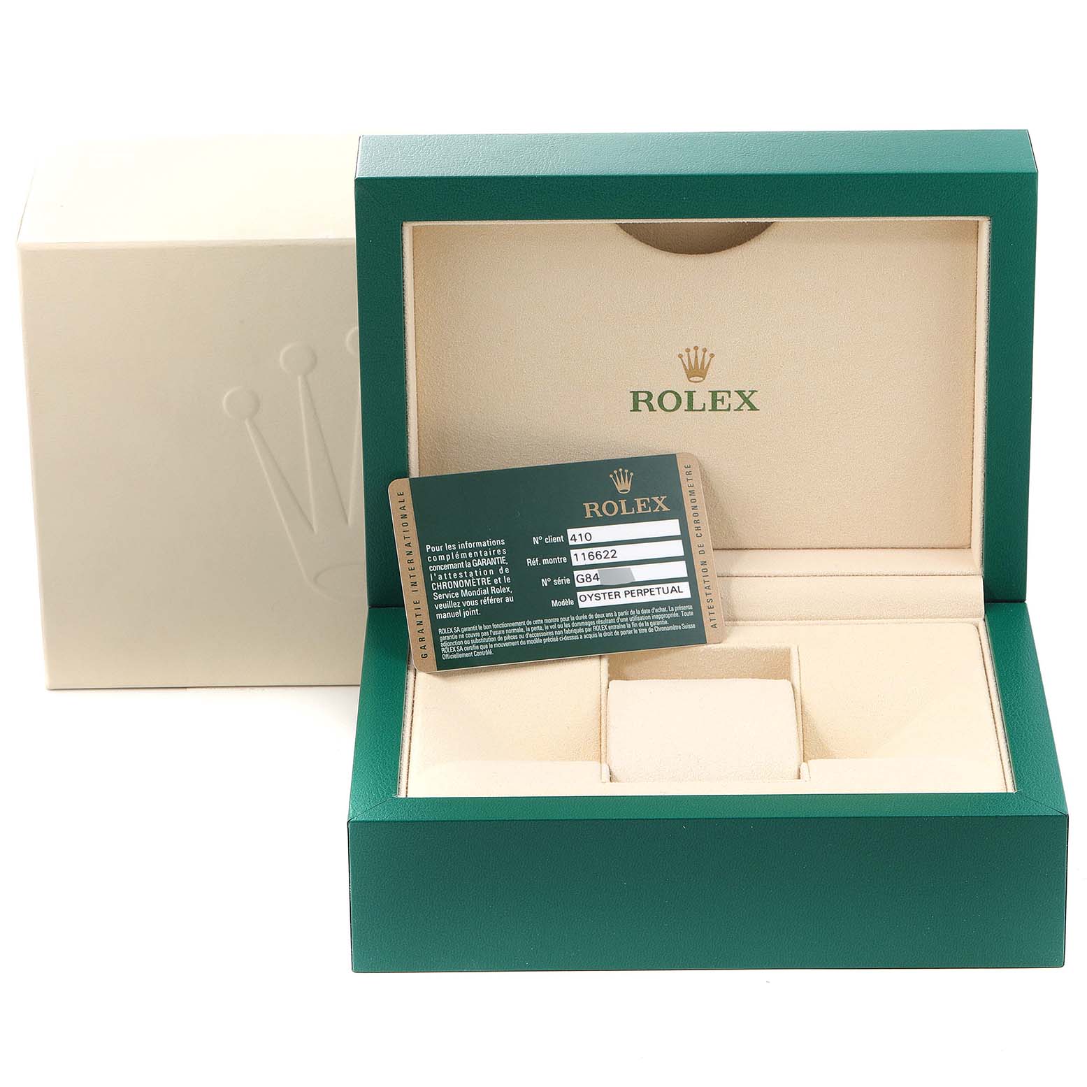 The image shows the box and authentication card for a Rolex Yacht-Master 116622 Men's Stainless Steel Blue Dial 116622 Men's Stainless Steel Blue Dial watch.