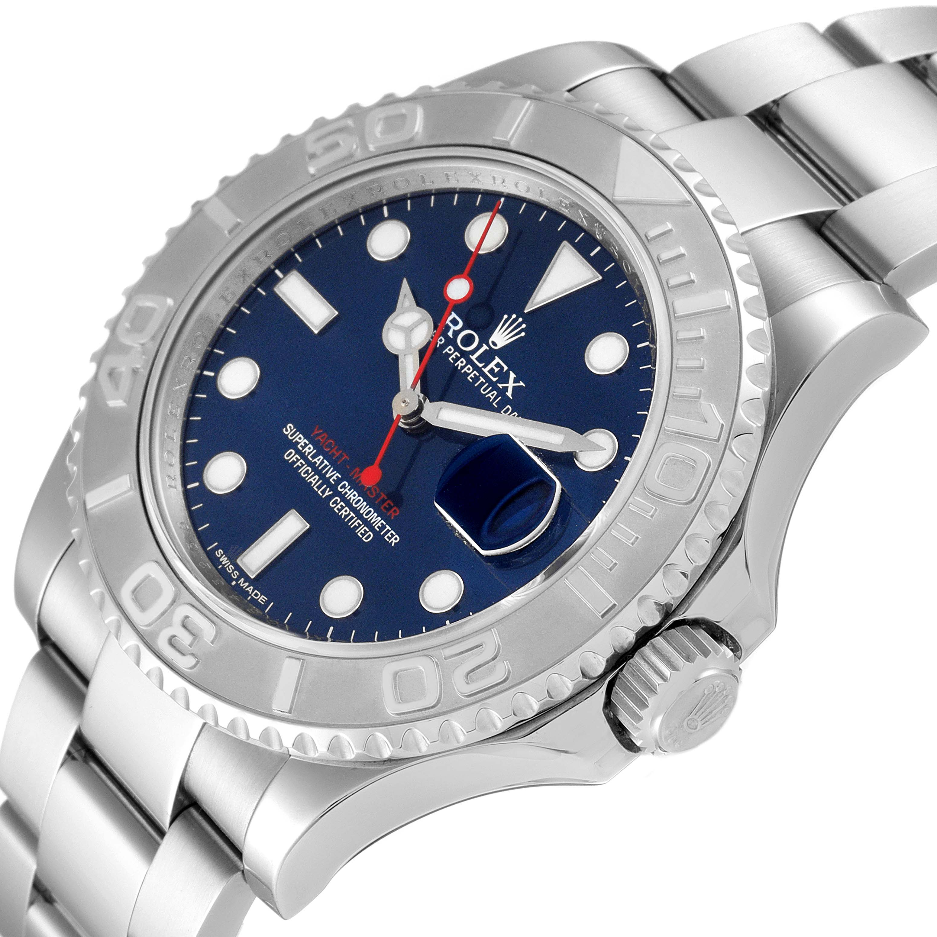 This image shows a Rolex Yacht-Master 116622 Men's Stainless Steel Blue Dial 116622 Men's Stainless Steel Blue Dial watch at a slight angle, highlighting the bezel, dial, crown, and part of the bracelet.