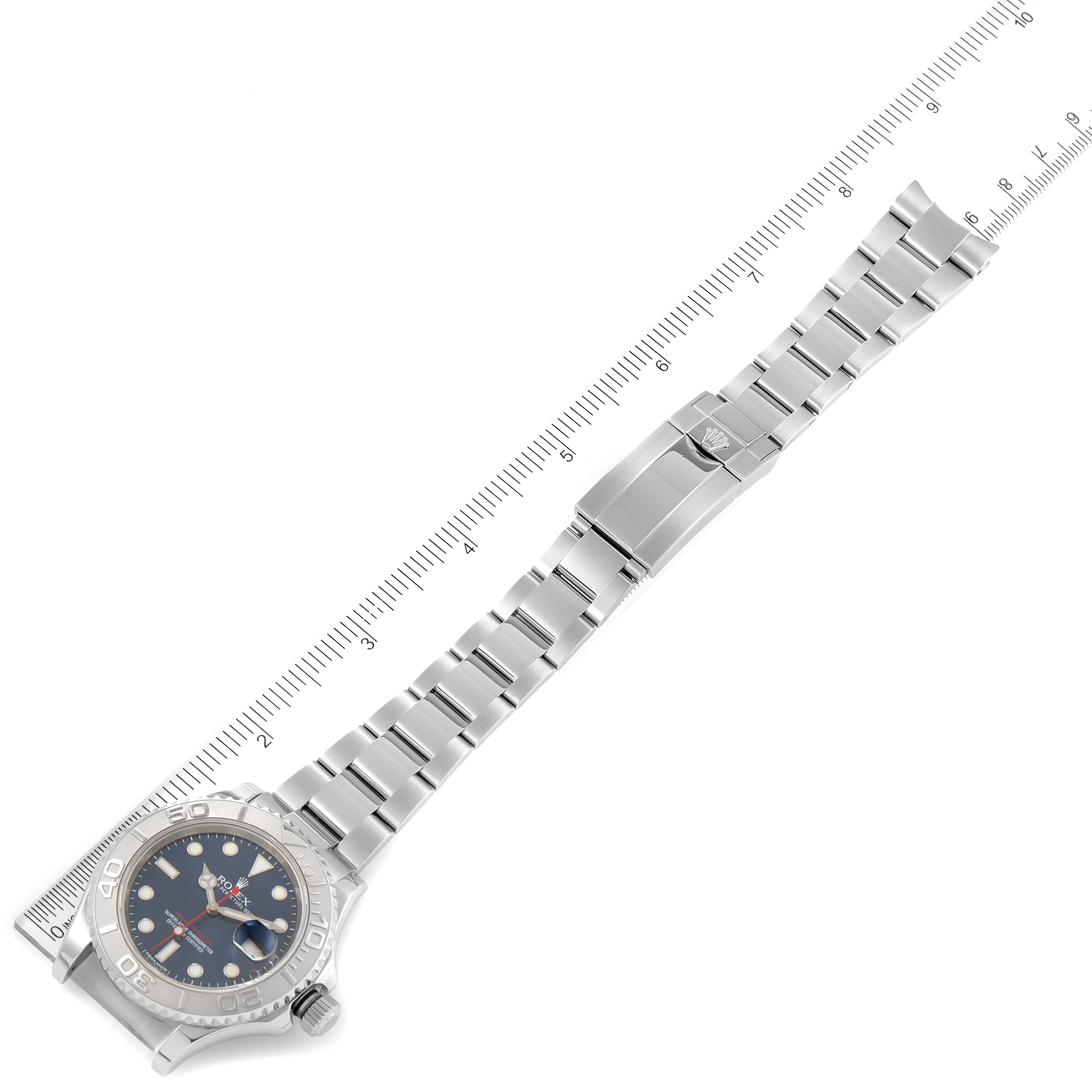 The Rolex Yacht-Master 116622 Men's Stainless Steel Blue Dial 116622 Men's Stainless Steel Blue Dial watch is shown from a top-down angle, featuring the dial, bezel, and stainless steel bracelet.