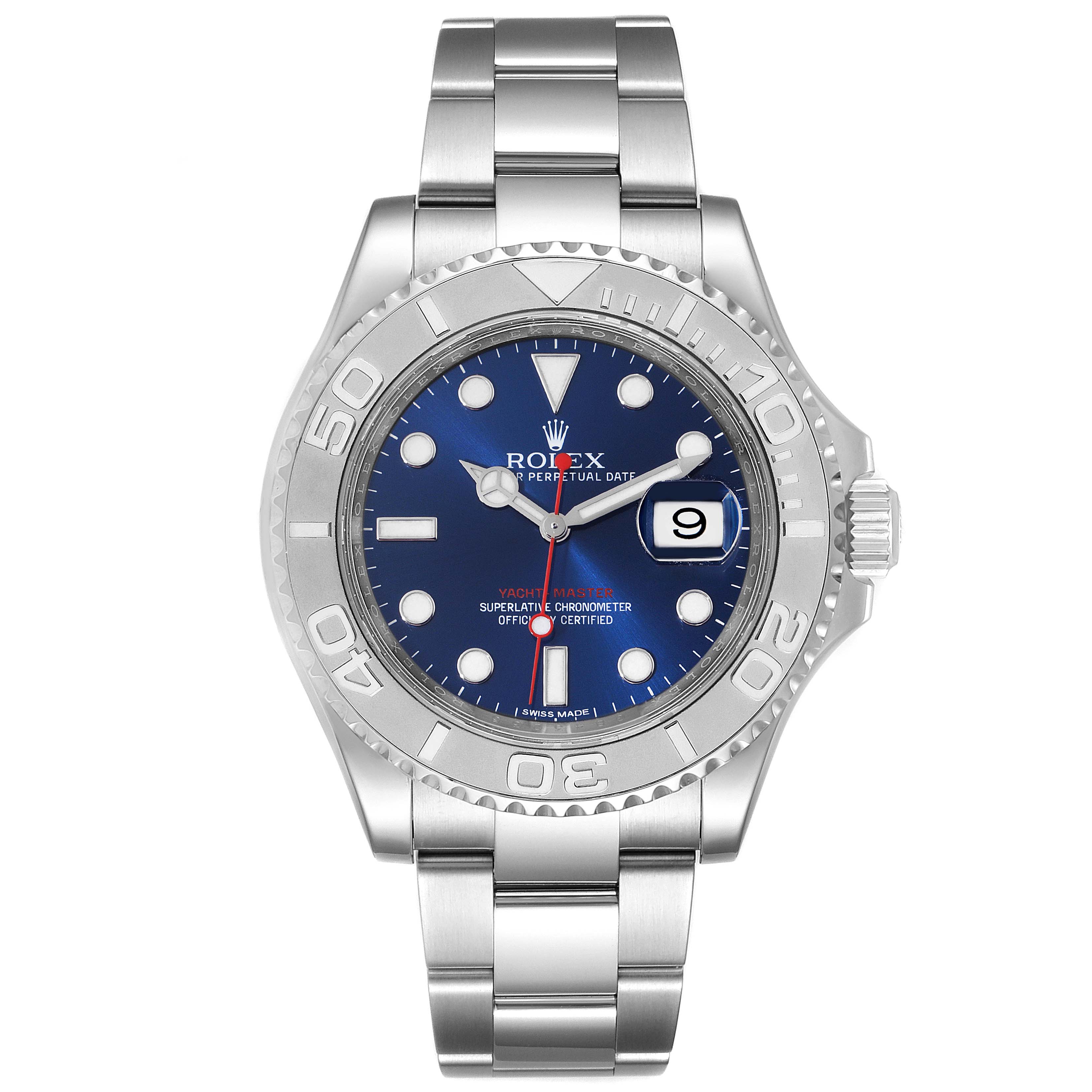 The image shows a frontal view of a Yacht-Master model watch by Rolex, highlighting its bezel, crown, dial, and metal bracelet.