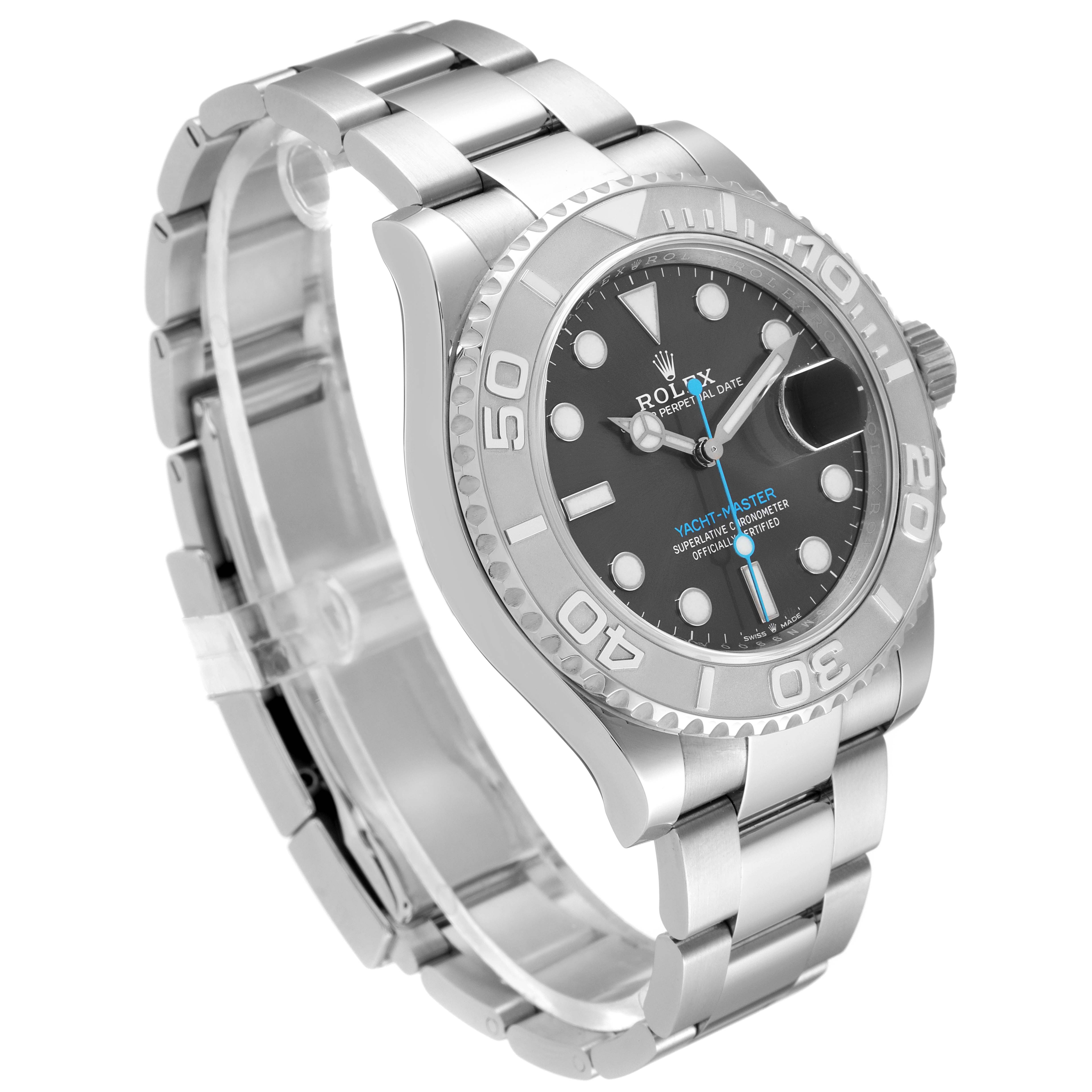 The Yacht-Master by Rolex is shown at a three-quarter angle highlighting its bezel, dial, and bracelet.