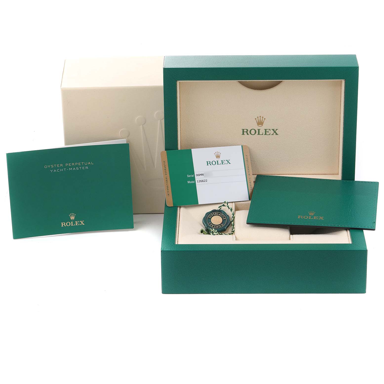 The image shows packaging and accessories for the Rolex Yacht-Master 126622 Men's Stainless Steel Grey Dial 126622 Men's Stainless Steel Grey Dial, including manuals, a warranty card, and a green box.
