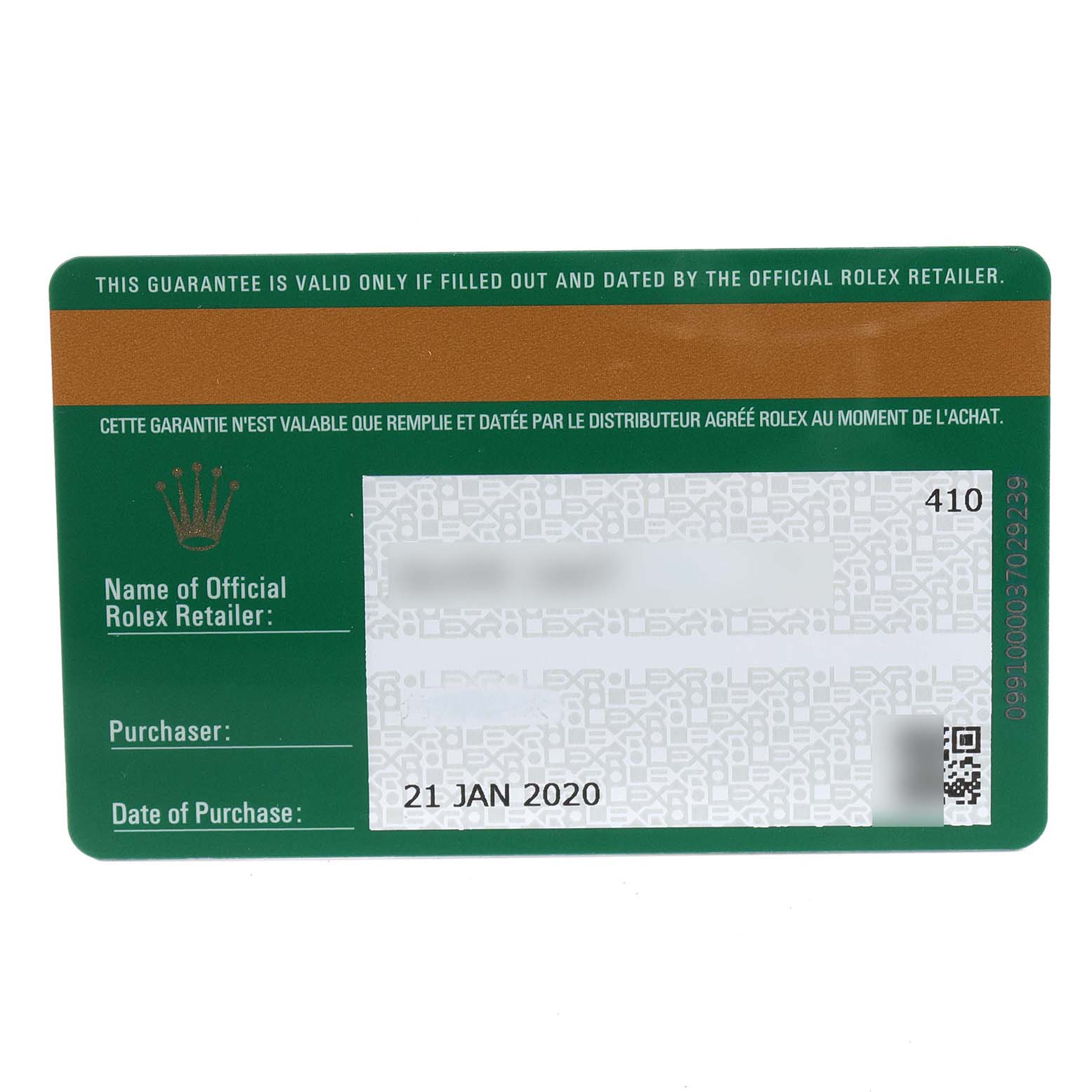 This image shows the warranty card for the Rolex Yacht-Master 126622 Men's Stainless Steel Grey Dial 126622 Men's Stainless Steel Grey Dial watch, highlighting the authorized dealer's information and purchase date.