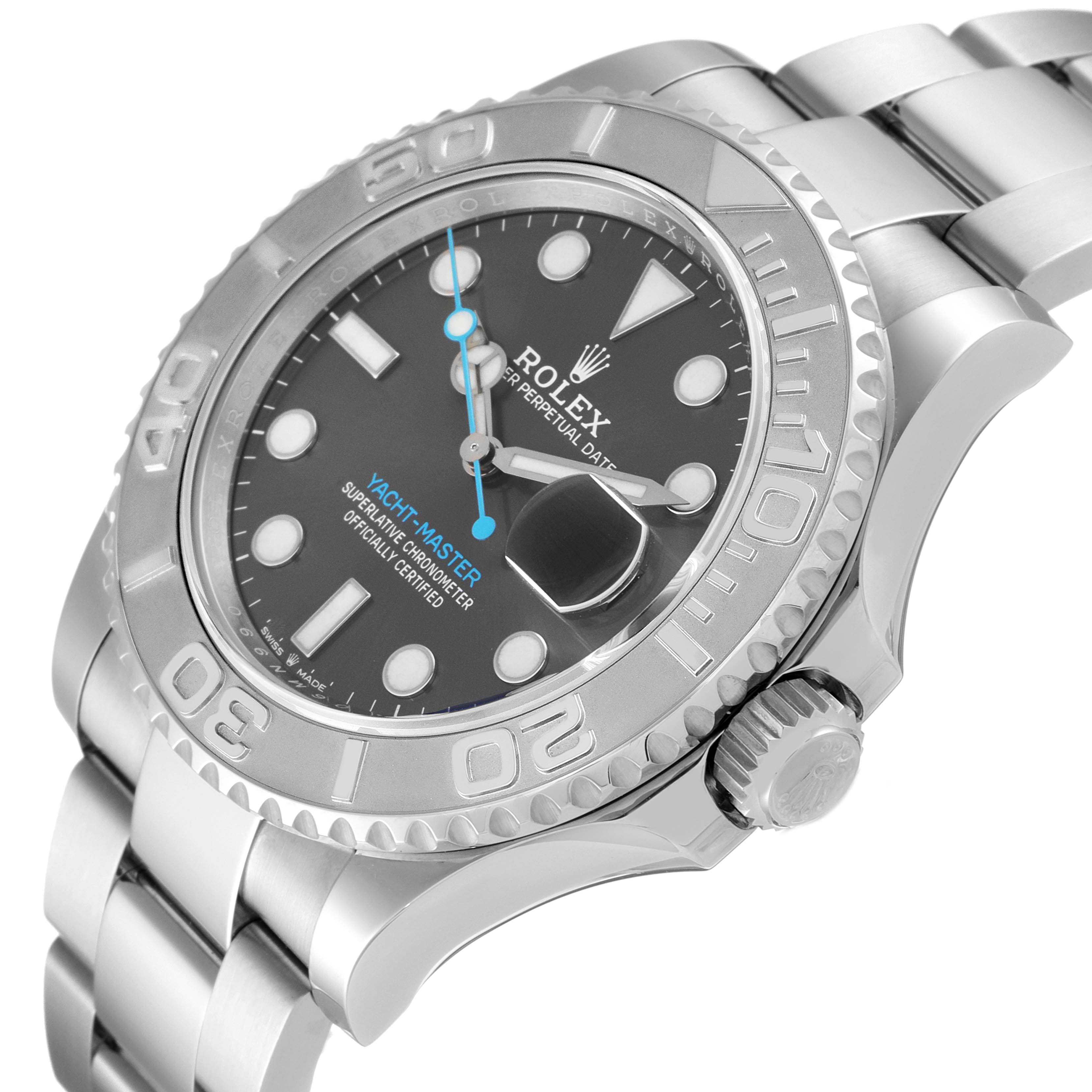 This Rolex Yacht-Master 126622 Men's Stainless Steel Grey Dial 126622 Men's Stainless Steel Grey Dial watch is shown at an angled close-up, highlighting the crown, bezel, dial, and part of the bracelet.