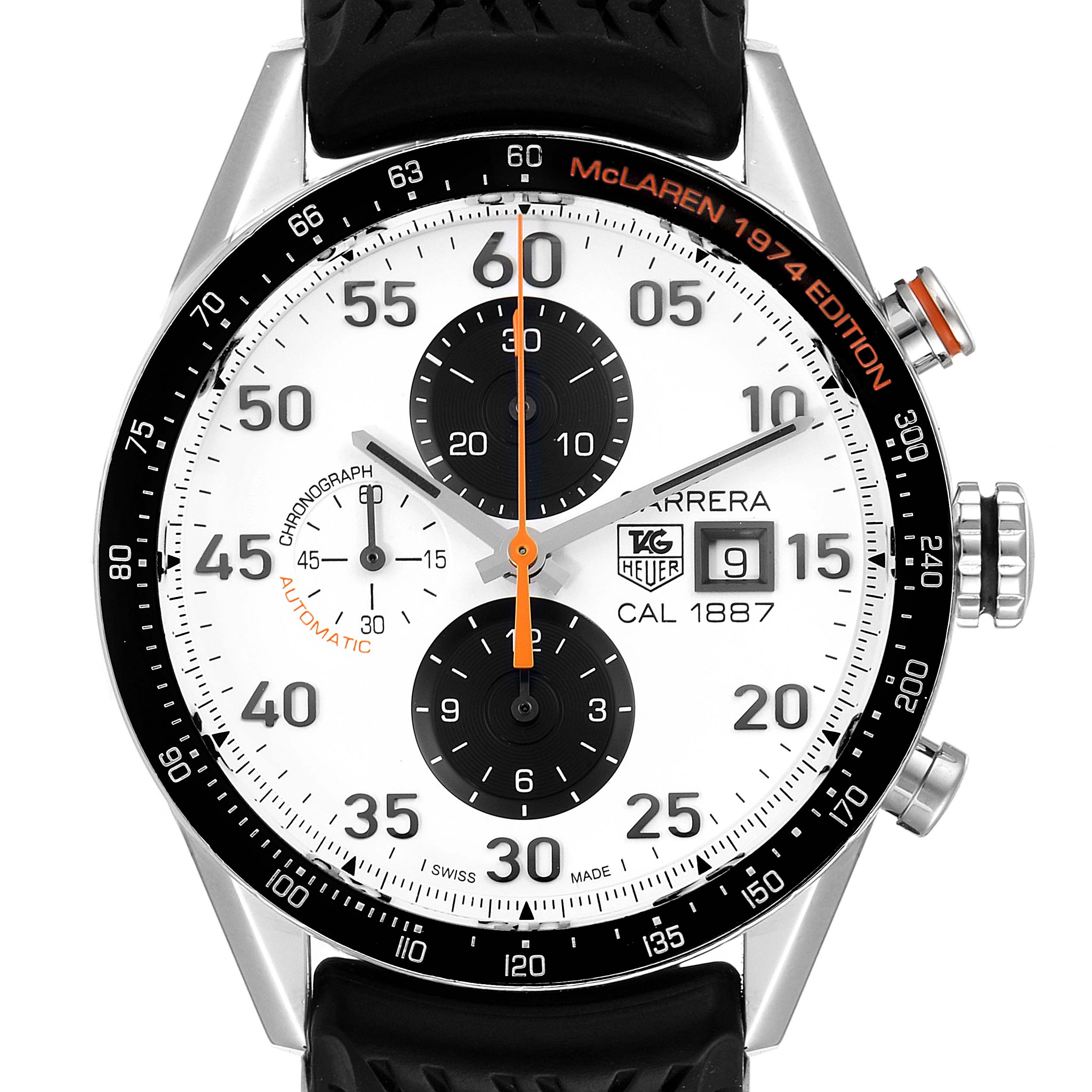 The image shows the front view of a Tag Heuer Carrera CAR2A12.FT6033 Men's Stainless Steel White Dial CAR2A12.FT6033 Men's Stainless Steel White Dial Cal 1887 McLaren 1974 Edition watch, highlighting the dial, subdials, date window, and crown.