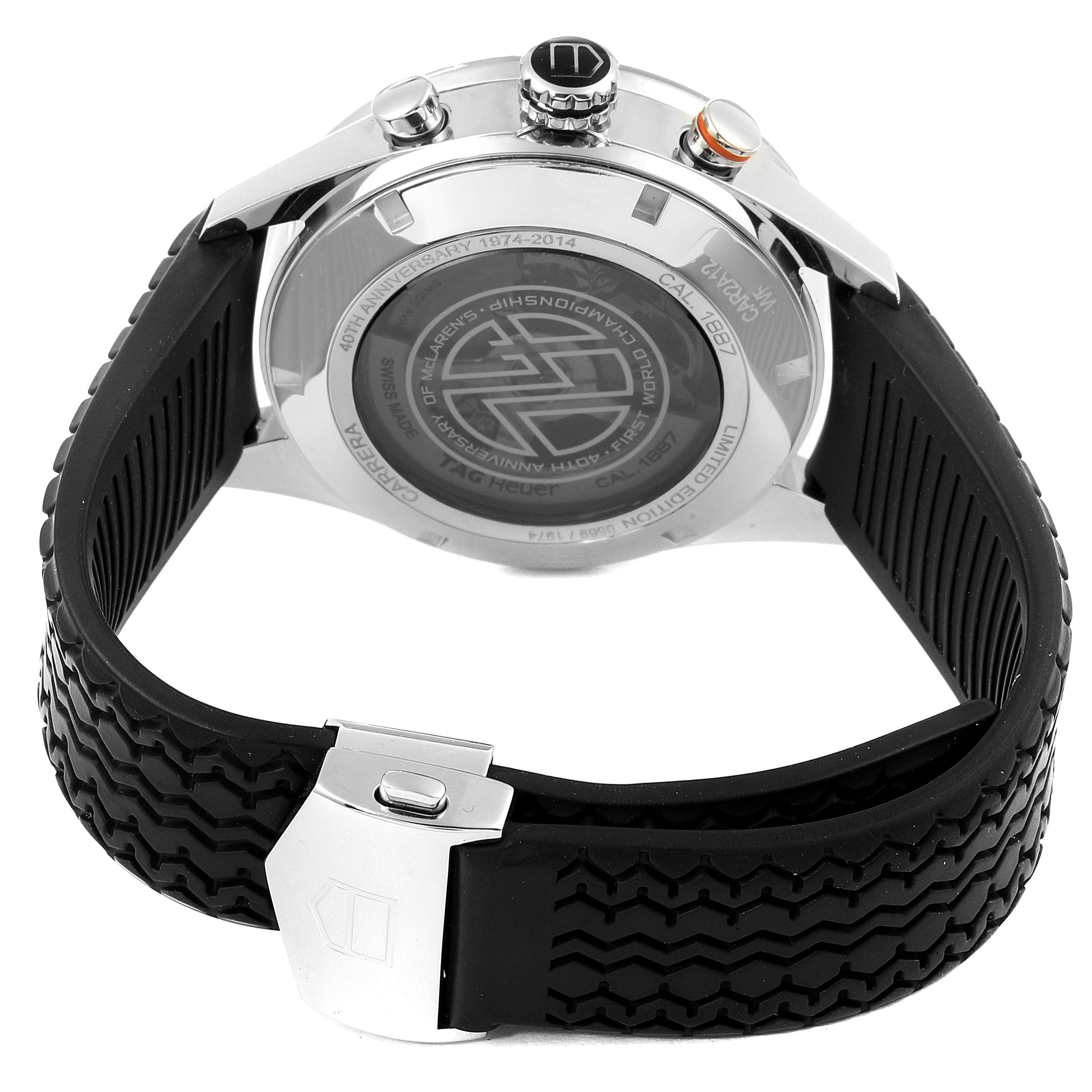 The image shows the back and side of the Tag Heuer Carrera CAR2A12.FT6033 Men's Stainless Steel White Dial CAR2A12.FT6033 Men's Stainless Steel White Dial watch, highlighting its back casing, rubber strap, and clasp.