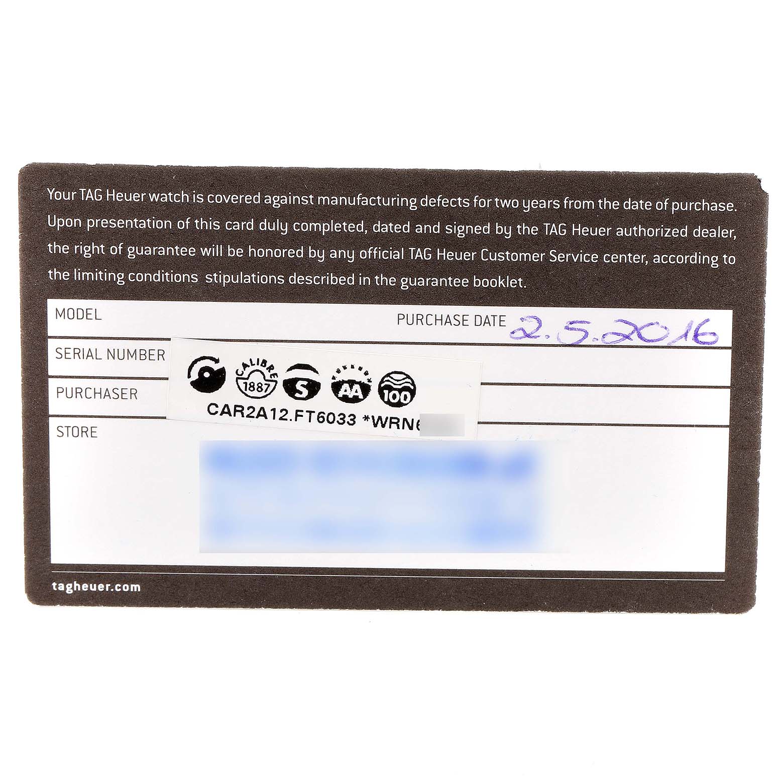 The image shows a warranty card for a Tag Heuer Carrera CAR2A12.FT6033 Men's Stainless Steel White Dial CAR2A12.FT6033 Men's Stainless Steel White Dial model watch, detailing the serial number, model, purchase date, and purchaser information.