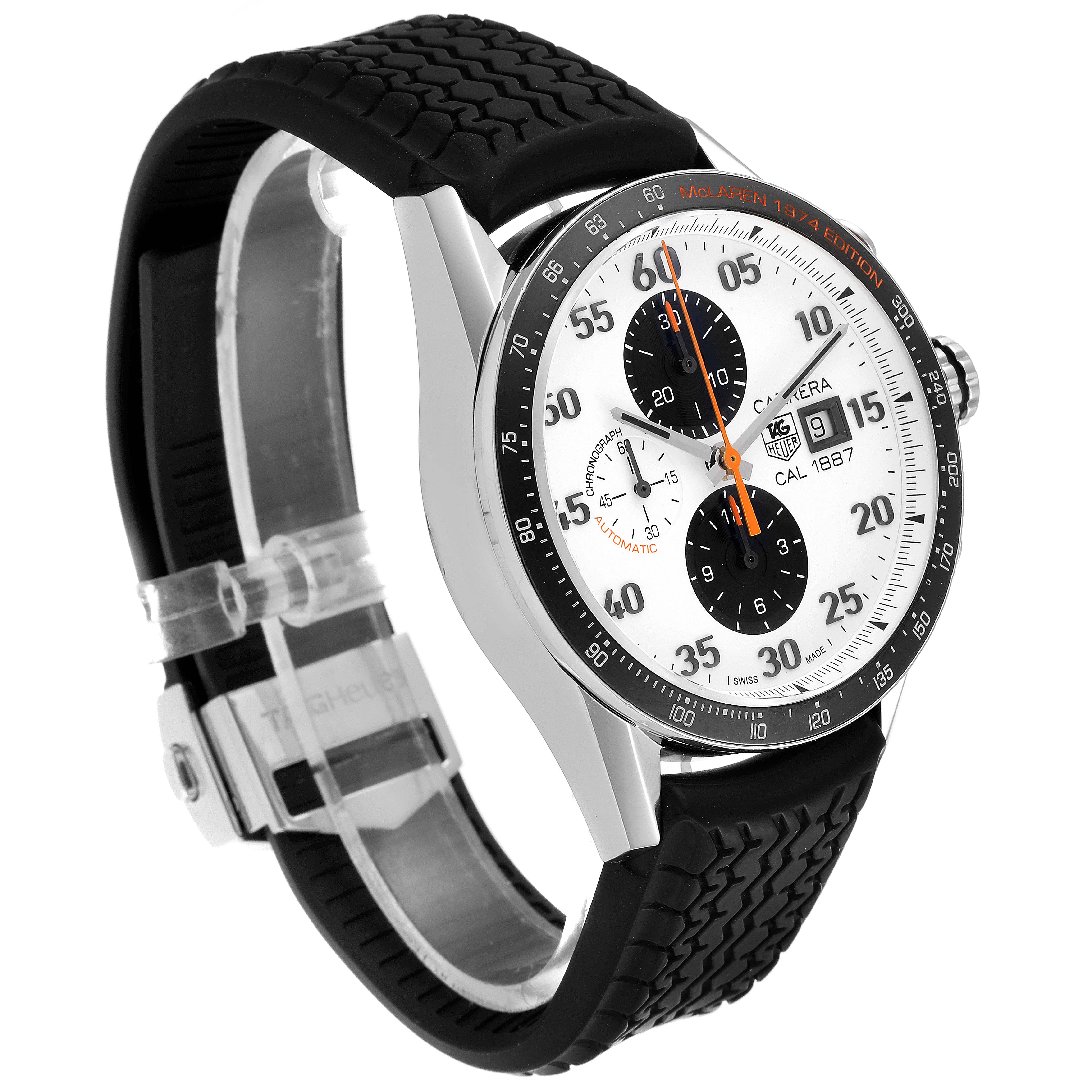 The image shows a side angle of the Tag Heuer Carrera CAR2A12.FT6033 Men's Stainless Steel White Dial CAR2A12.FT6033 Men's Stainless Steel White Dial watch, displaying the face, bezel, crown, and part of the black rubber strap.