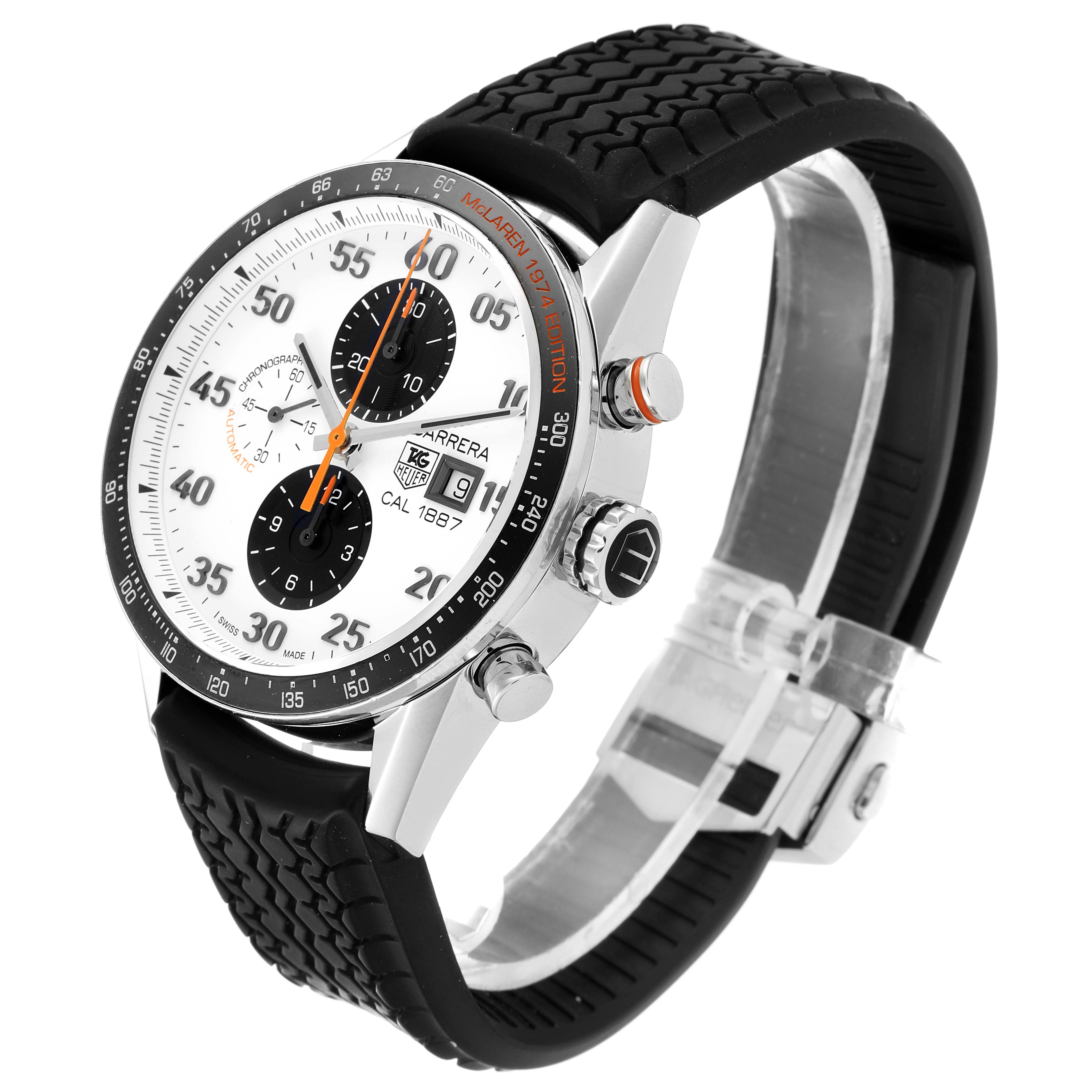 The image shows a Tag Heuer Carrera CAR2A12.FT6033 Men's Stainless Steel White Dial CAR2A12.FT6033 Men's Stainless Steel White Dial watch at a slight diagonal angle, highlighting its face, bezel, and rubber strap.