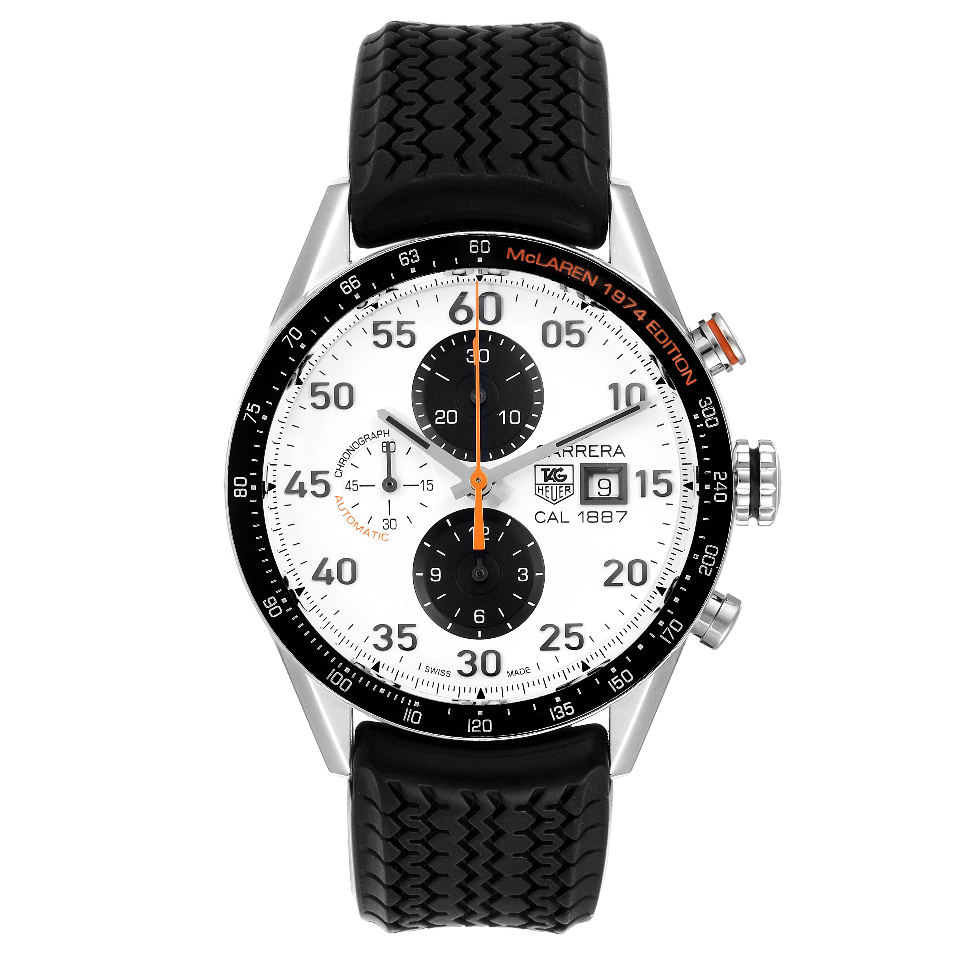 The image shows a front view of a Tag Heuer Carrera CAR2A12.FT6033 Men's Stainless Steel White Dial CAR2A12.FT6033 Men's Stainless Steel White Dial watch, featuring a black strap and multiple chronograph dials.