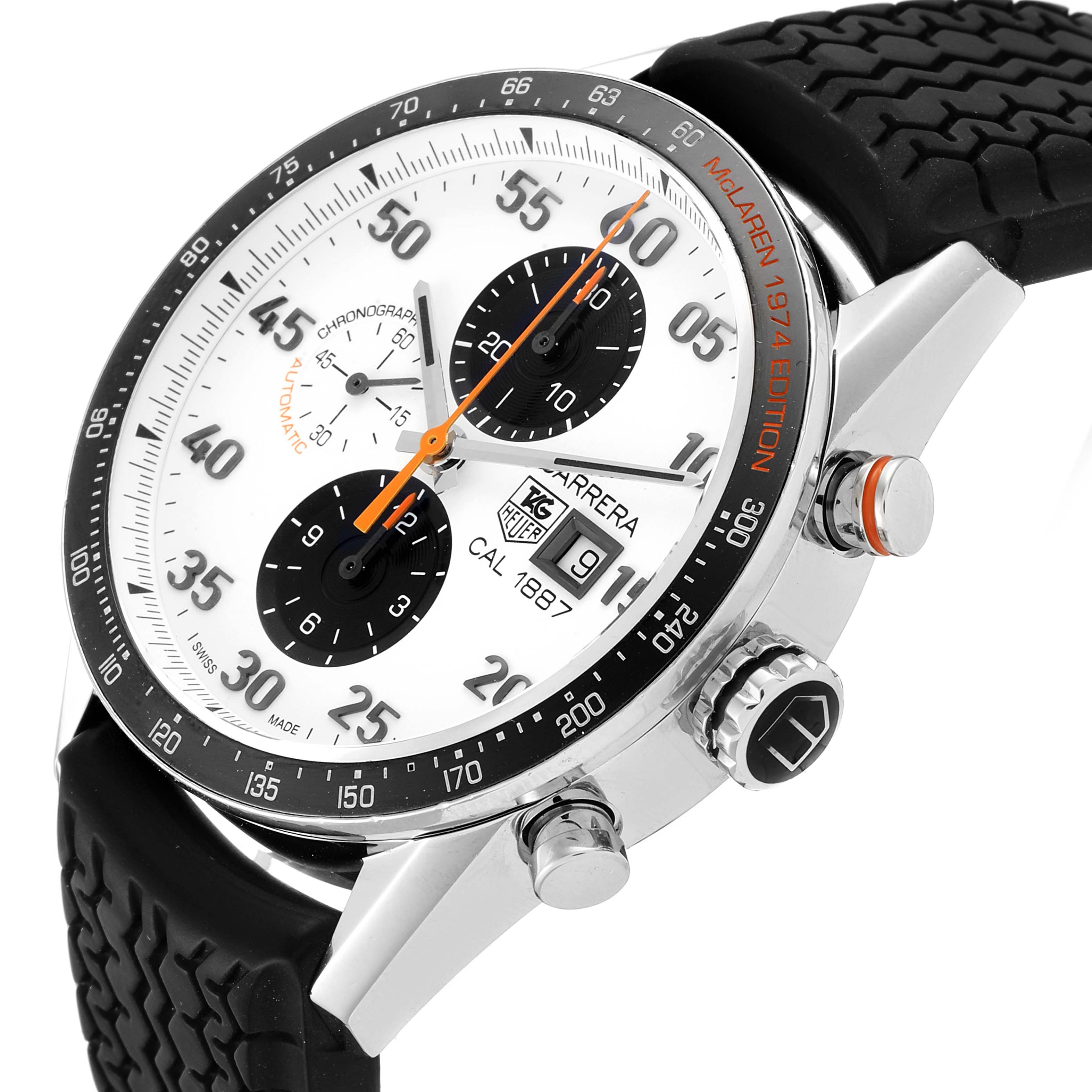 The image shows a Tag Heuer Carrera CAR2A12.FT6033 Men's Stainless Steel White Dial CAR2A12.FT6033 Men's Stainless Steel White Dial watch from an angled side view, highlighting the dial, bezel, crown, and strap.