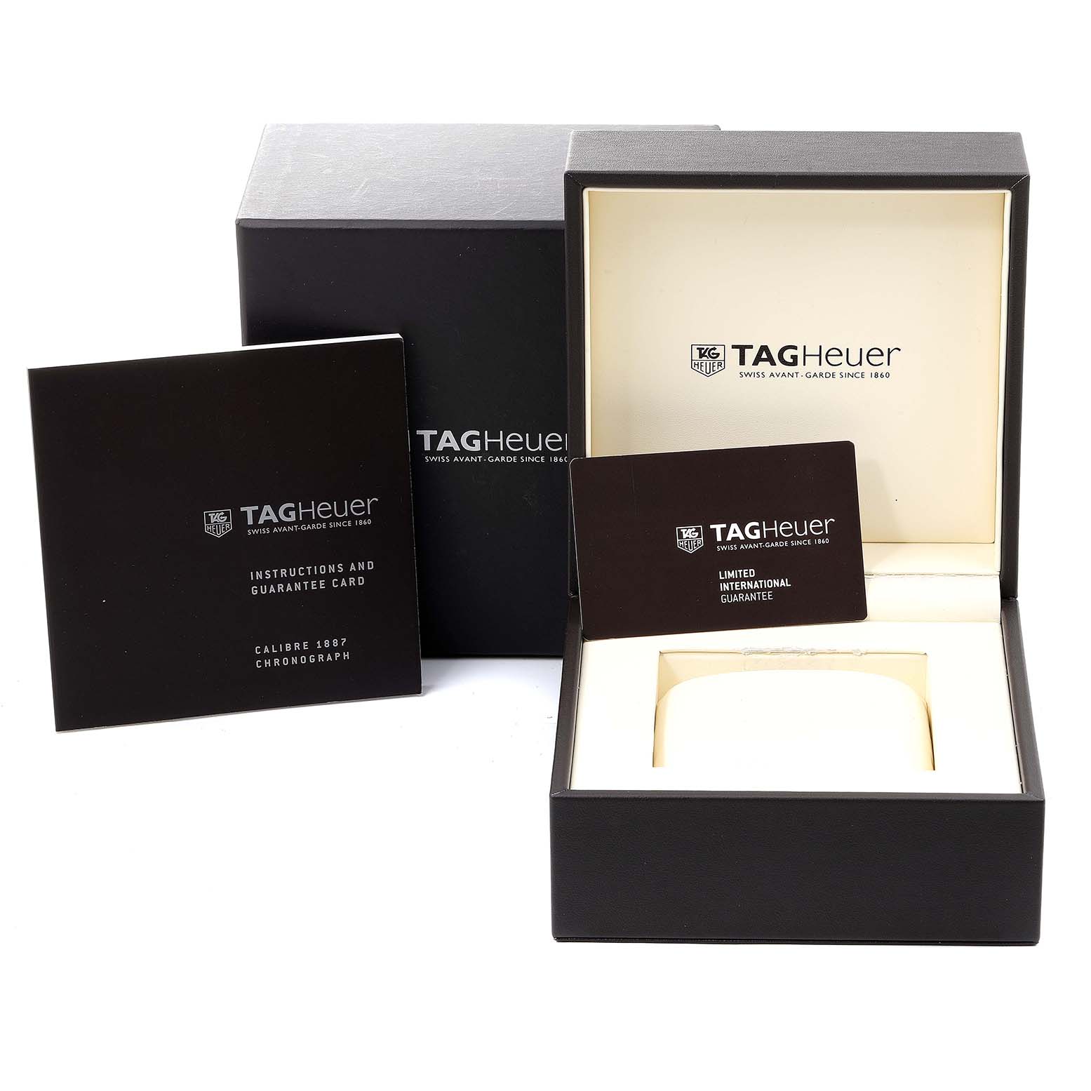 The image shows the packaging, instructions, and guarantee card for a Tag Heuer Carrera CAR2A12.FT6033 Men's Stainless Steel White Dial CAR2A12.FT6033 Men's Stainless Steel White Dial watch.