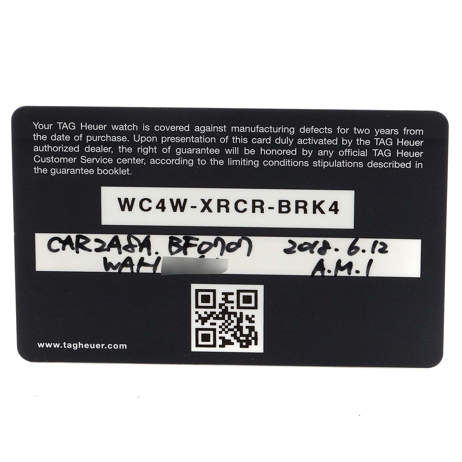 This image shows a warranty card for a Carrera model by Tag Heuer.