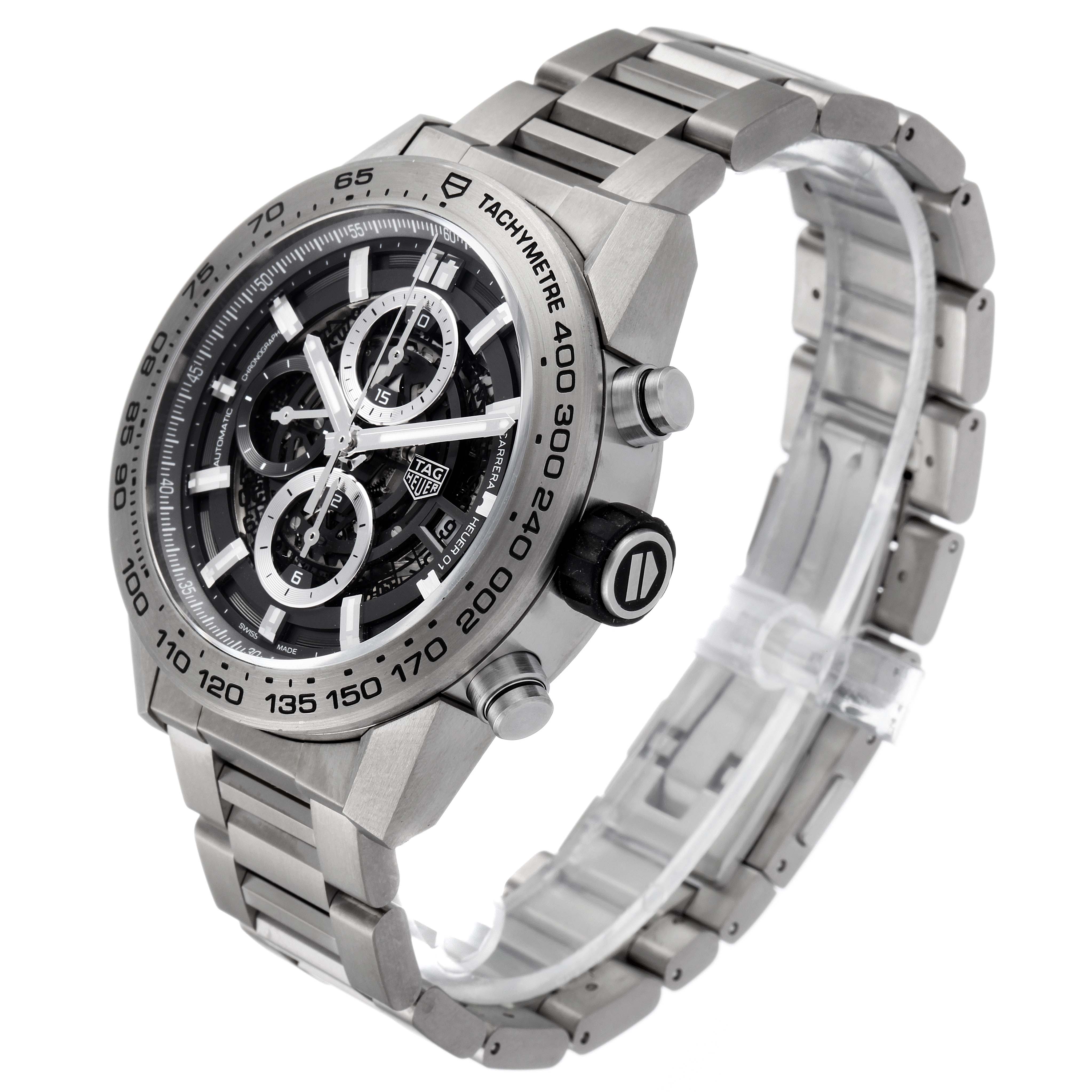 The image shows a Tag Heuer Carrera CAR2A8A.FT6072 Men's Titanium Grey Dial CAR2A8A.FT6072 Men's Titanium Grey Dial model watch from an angled side view, highlighting its dial, case, and metal bracelet.