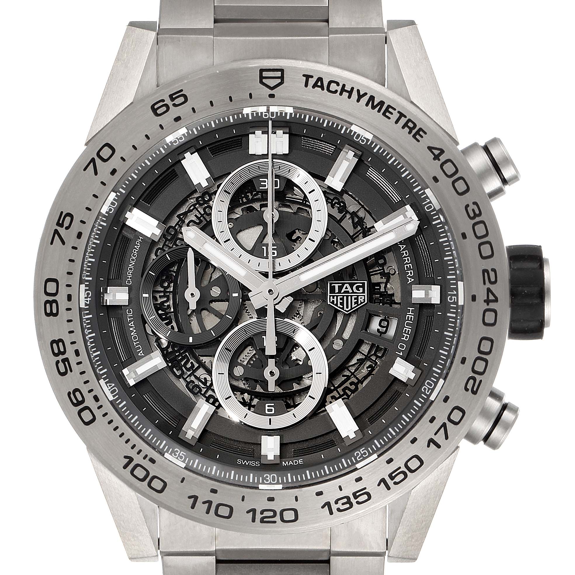 The image shows a close-up frontal view of a Tag Heuer Carrera CAR2A8A.FT6072 Men's Titanium Grey Dial CAR2A8A.FT6072 Men's Titanium Grey Dial watch, highlighting its tachymeter bezel and chronograph dials.