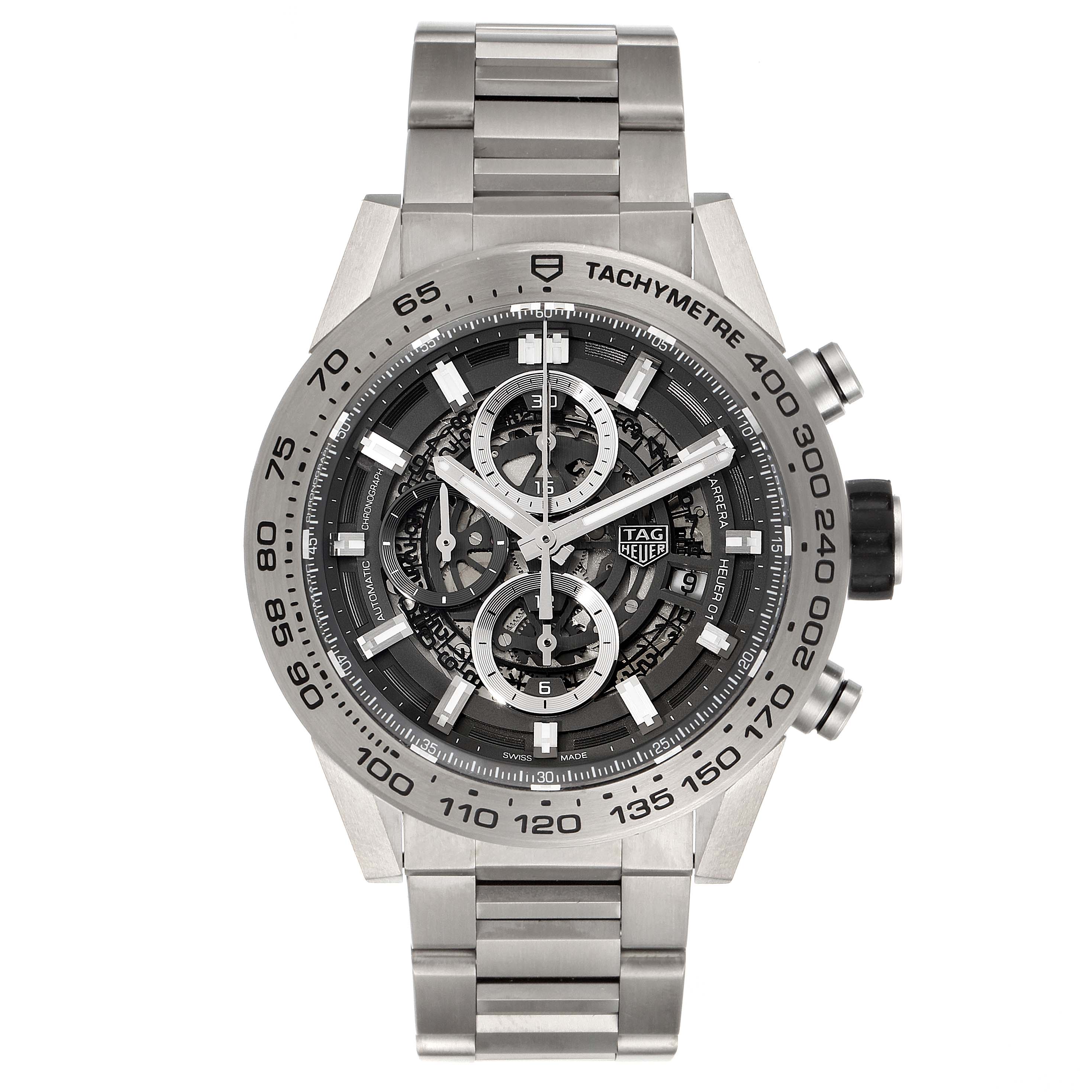 The image shows a frontal view of a Tag Heuer Carrera CAR2A8A.FT6072 Men's Titanium Grey Dial CAR2A8A.FT6072 Men's Titanium Grey Dial watch, highlighting the face, bezel, and metal band.