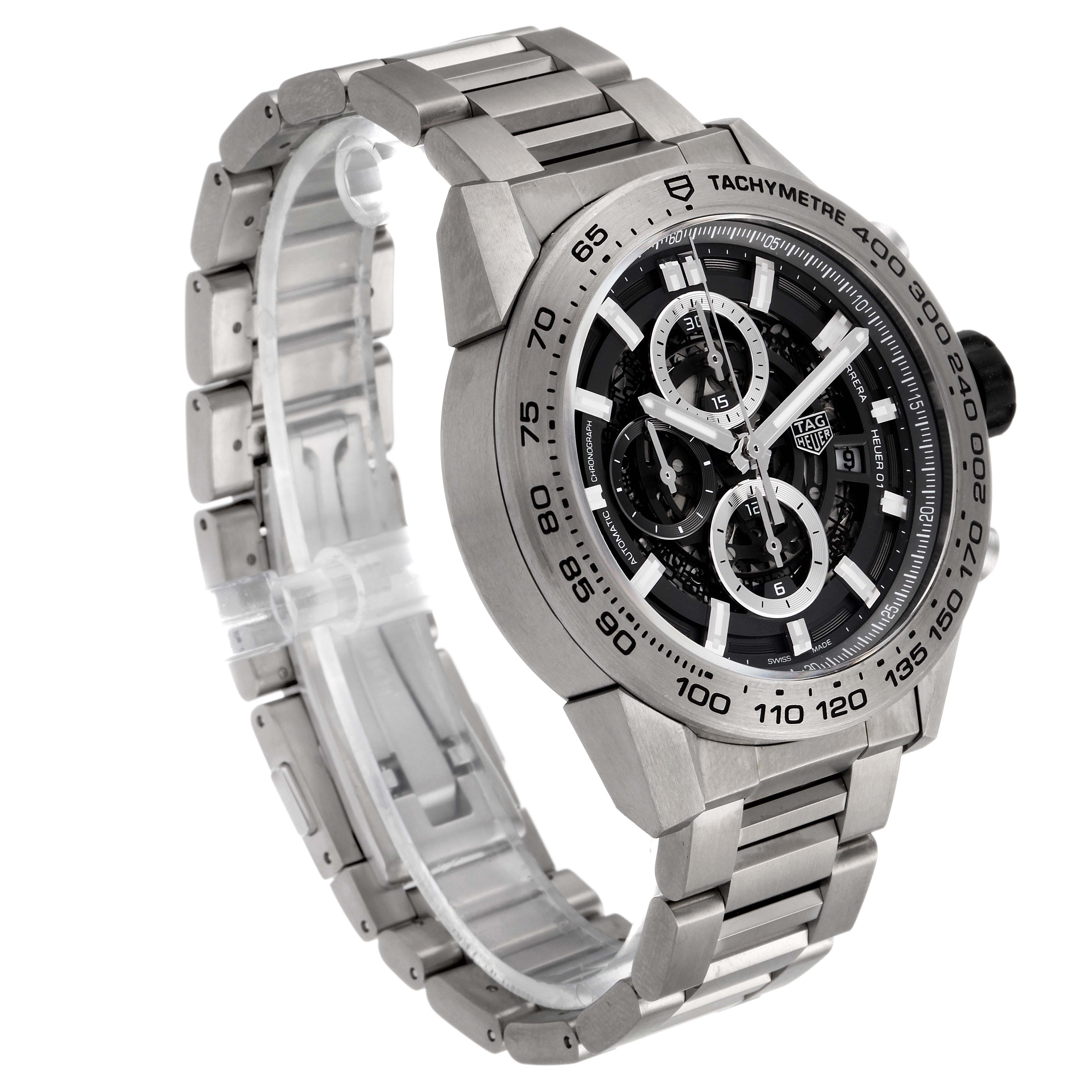 The image shows a Tag Heuer Carrera CAR2A8A.FT6072 Men's Titanium Grey Dial CAR2A8A.FT6072 Men's Titanium Grey Dial model watch from an angled side view, highlighting the dial, tachymetre, and metal bracelet.