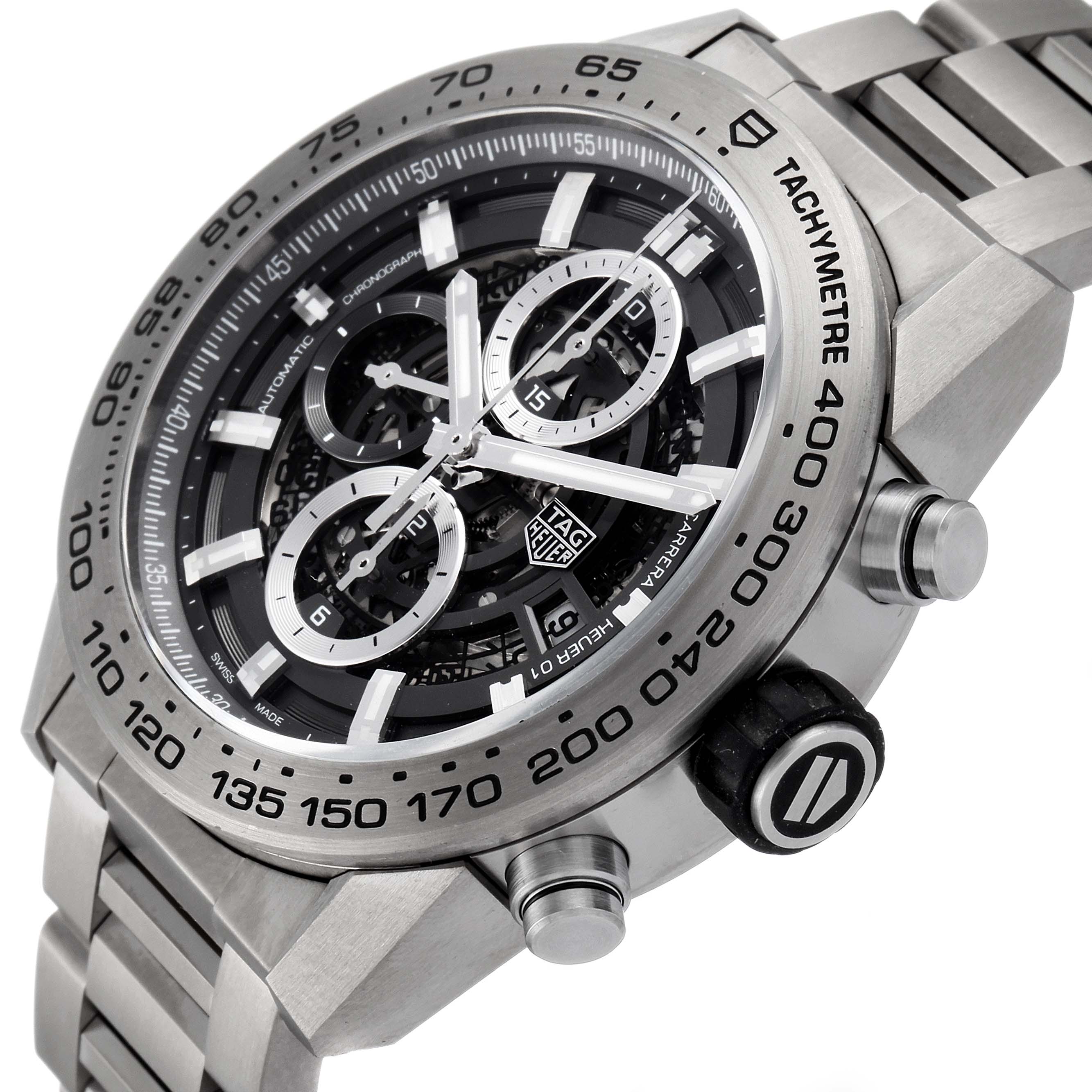 The image shows a close-up angled view of the dial, bezel, crown, and bracelet of the Tag Heuer Carrera CAR2A8A.FT6072 Men's Titanium Grey Dial CAR2A8A.FT6072 Men's Titanium Grey Dial watch.